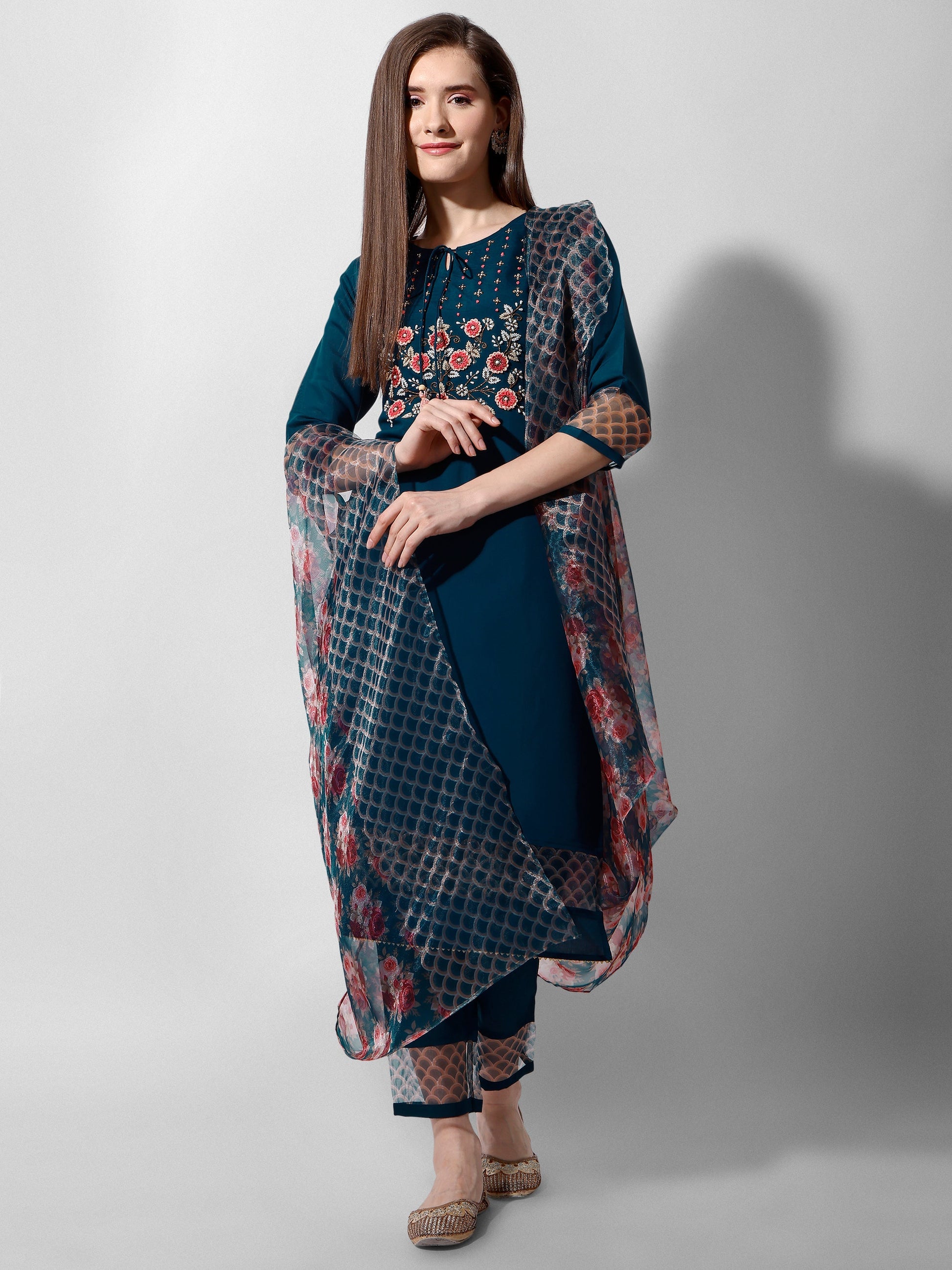 Hand Embroidered Kurta With Pant And Organza Dupatta Set Premium, Multicolor - Hiral Fashion