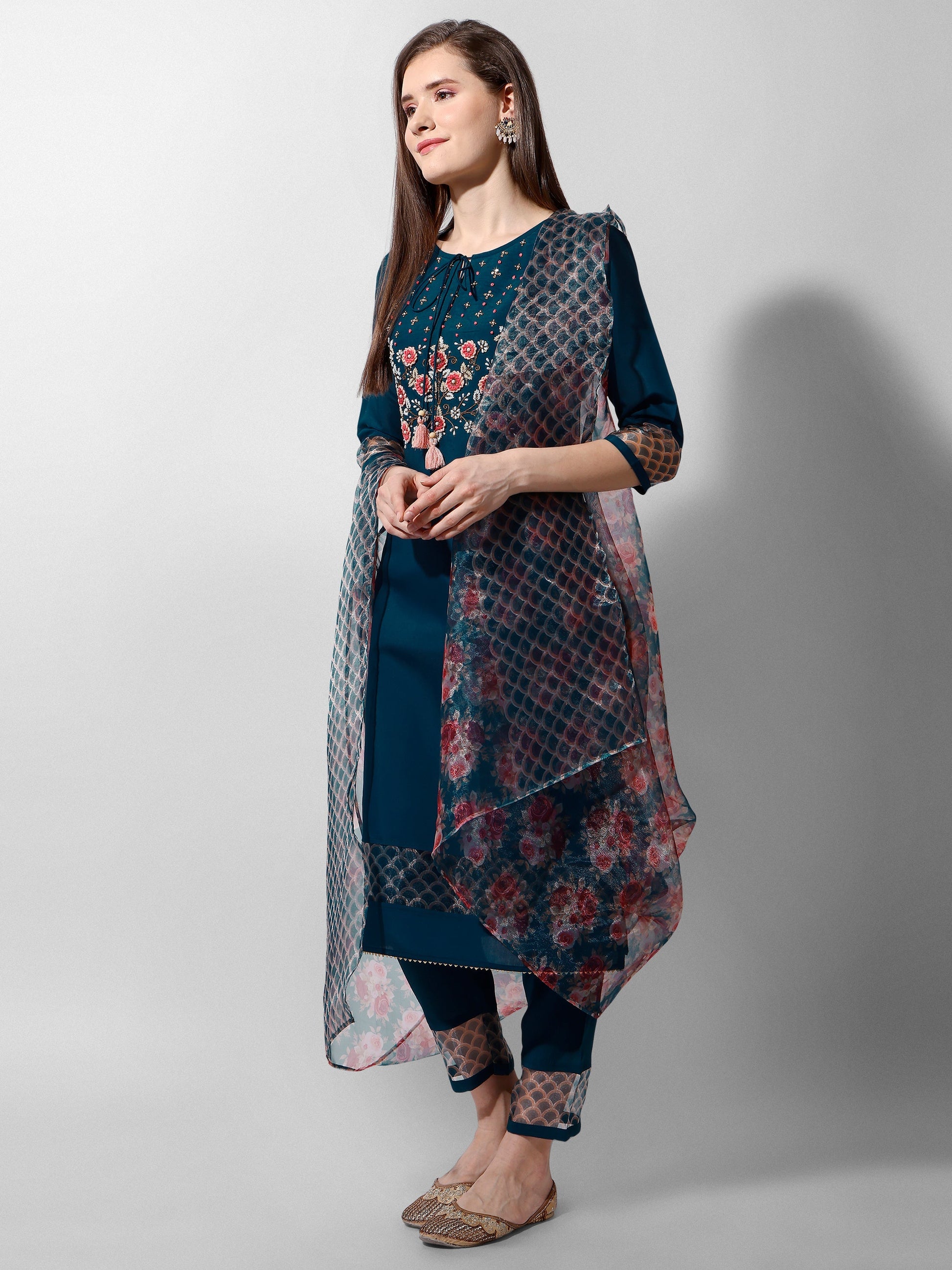 Hand Embroidered Kurta With Pant And Organza Dupatta Set Premium, Multicolor - Hiral Fashion