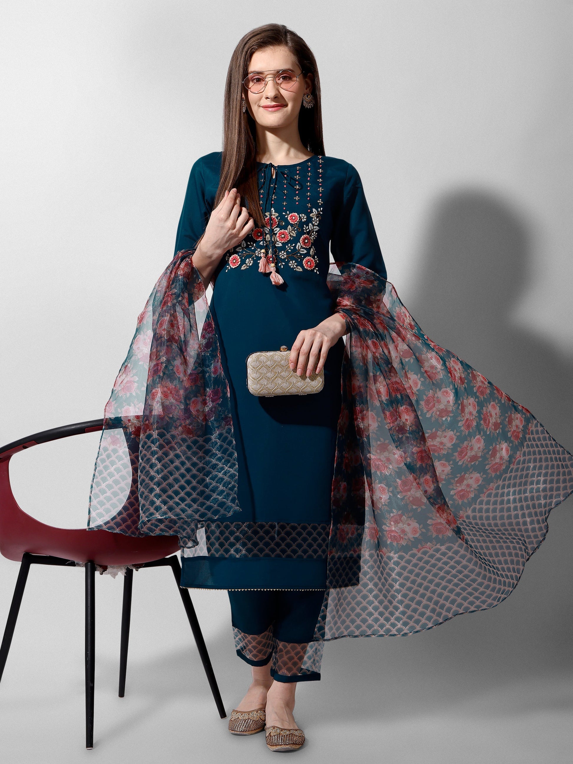 Hand Embroidered Kurta With Pant And Organza Dupatta Set Premium, Multicolor - Hiral Fashion