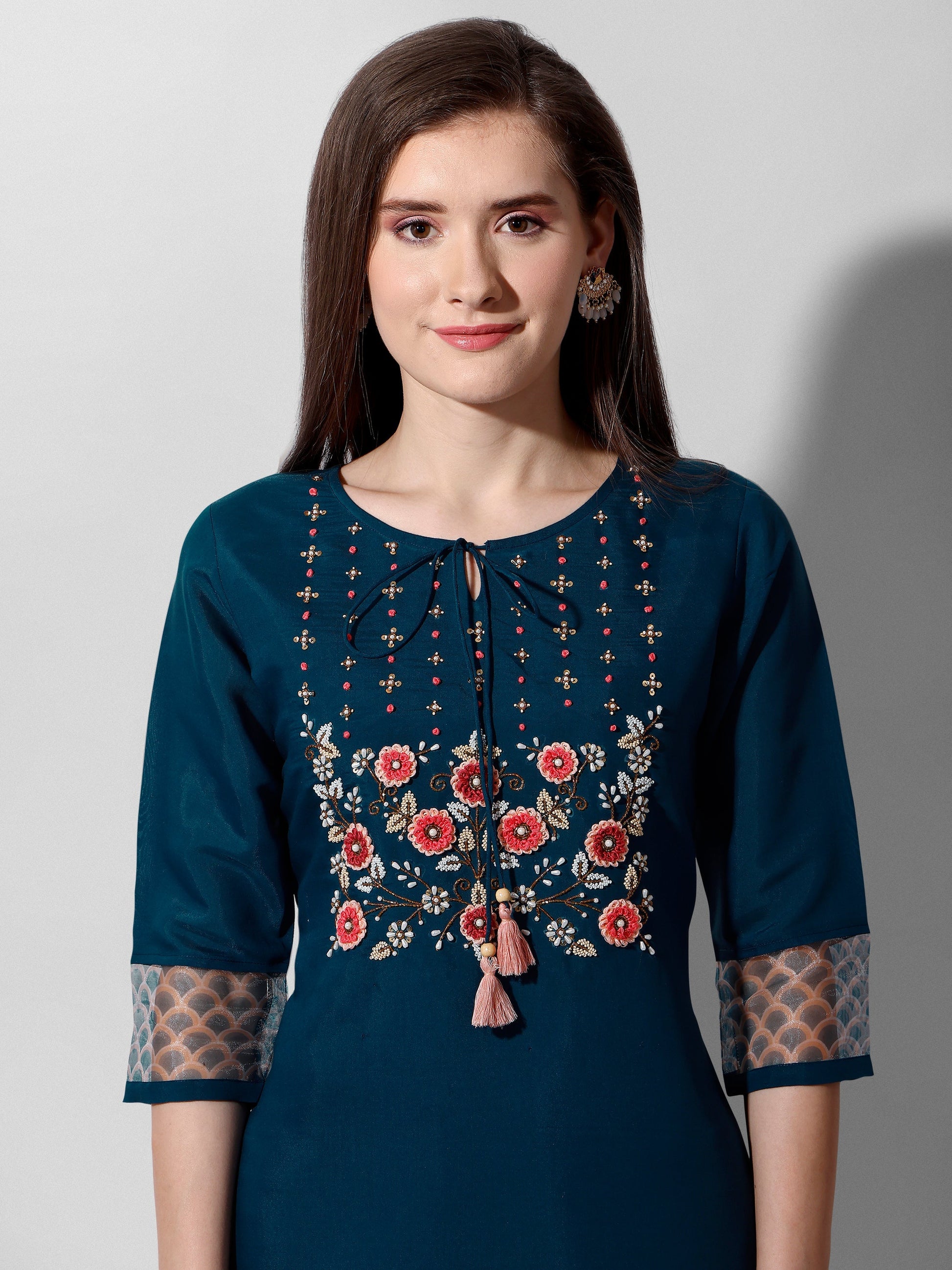 Hand Embroidered Kurta With Pant And Organza Dupatta Set Premium, Multicolor - Hiral Fashion