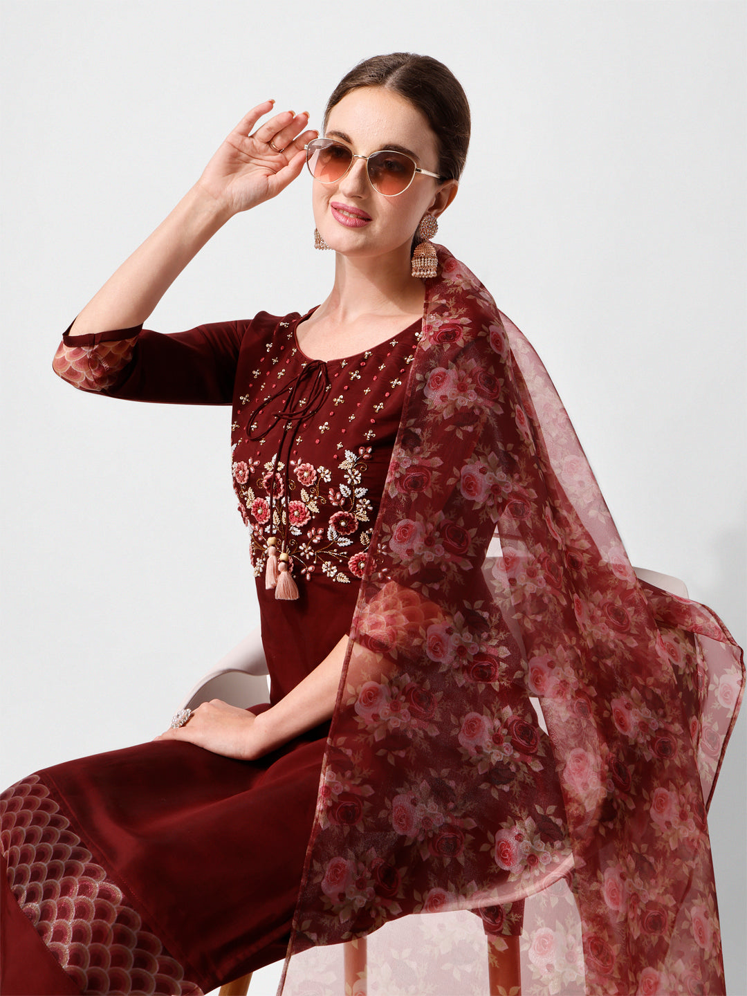 Hand Embroidered Kurta With Pant And Dupatta Set Premium, Multicolor - Hiral Fashion