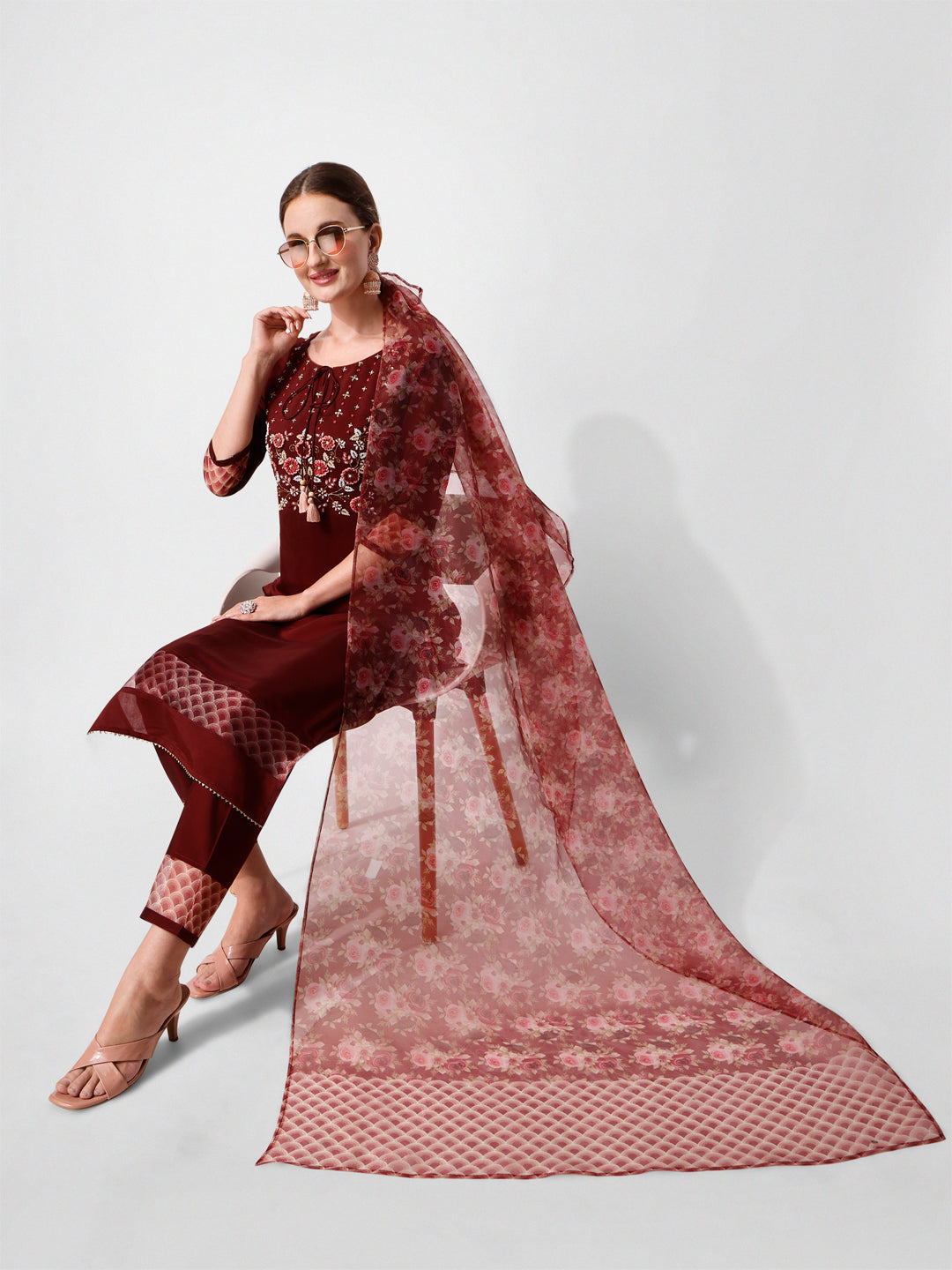Hand Embroidered Kurta With Pant And Dupatta Set Premium, Multicolor - Hiral Fashion
