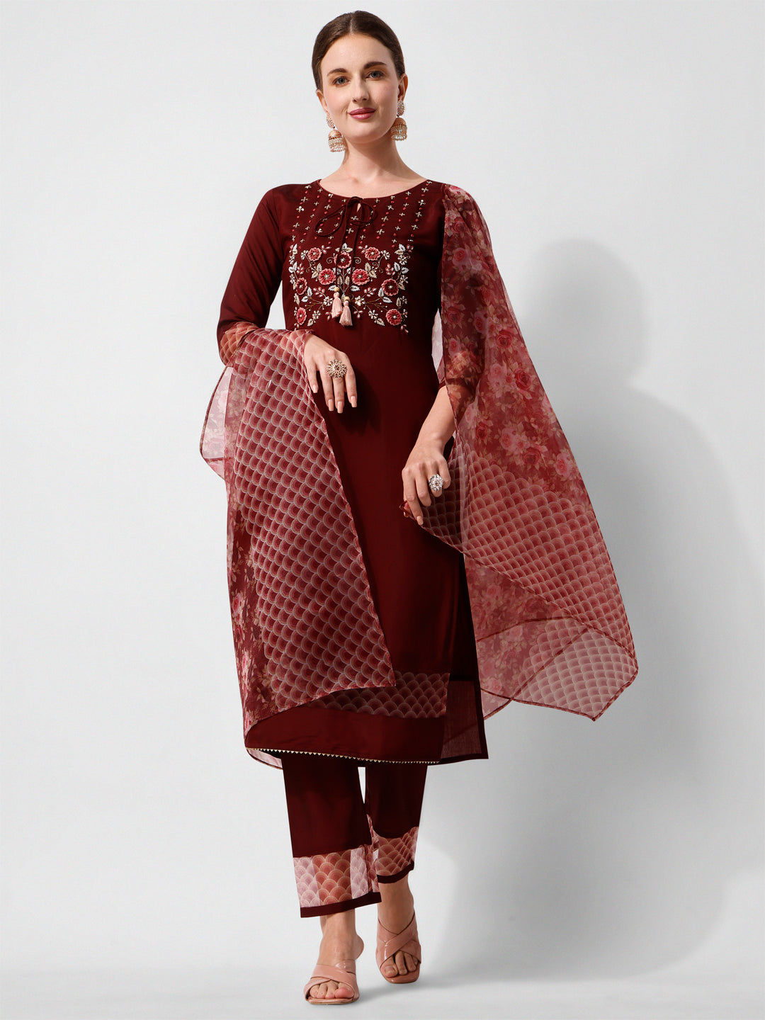 Hand Embroidered Kurta With Pant And Dupatta Set Premium, Multicolor - Hiral Fashion