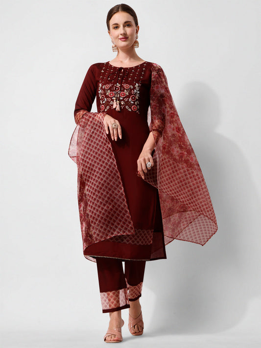 Hand Embroidered Kurta With Pant And Dupatta Set Premium, Multicolor - Hiral Fashion