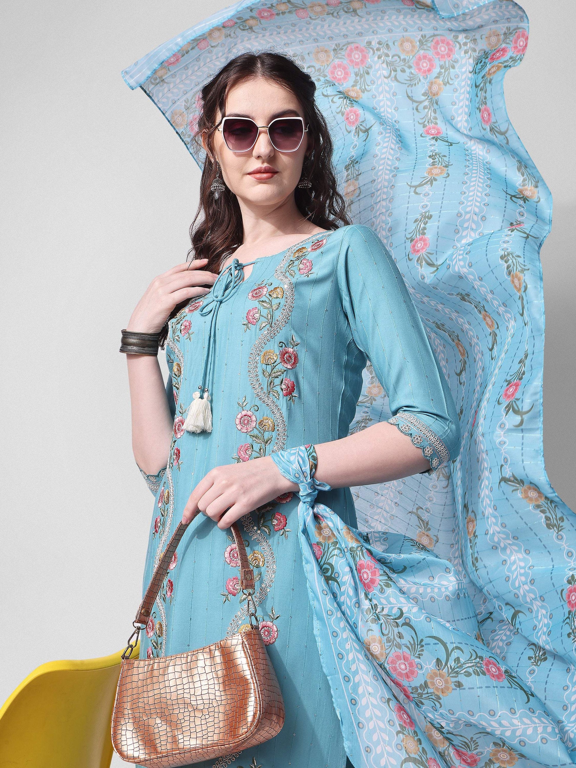 Embroidered Rayon Sequined Kurta With Pant & Dupatta Set Premium, Multicolor - Hiral Fashion
