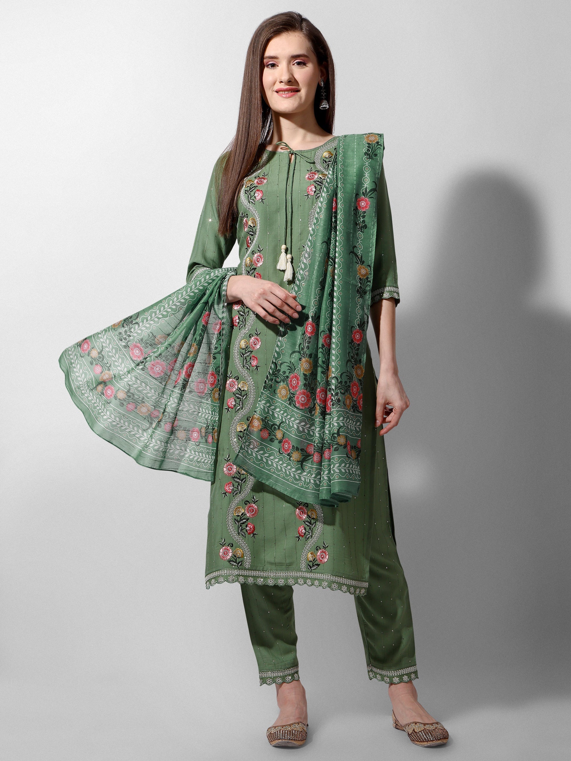 Embroidered Rayon Sequined Green Kurta With Pant & Dupatta Set Premium, Multicolor - Hiral Fashion