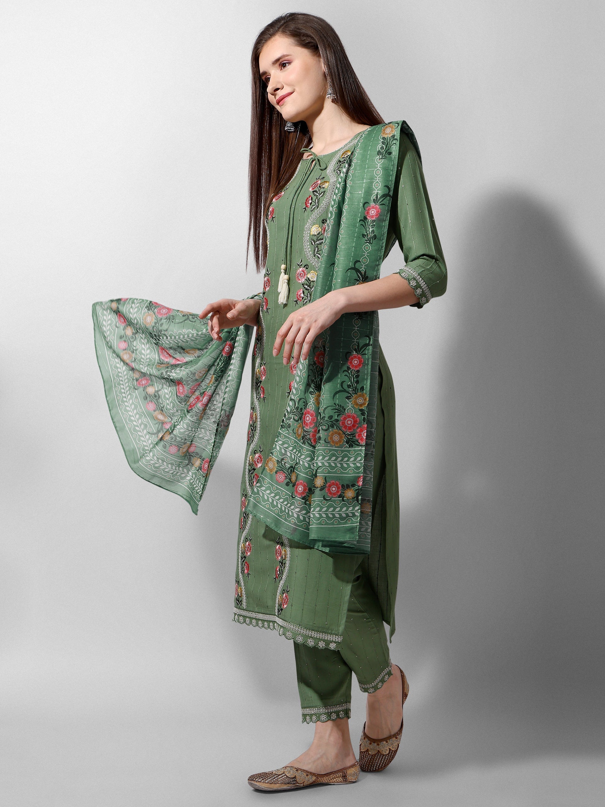 Embroidered Rayon Sequined Green Kurta With Pant & Dupatta Set Premium, Multicolor - Hiral Fashion