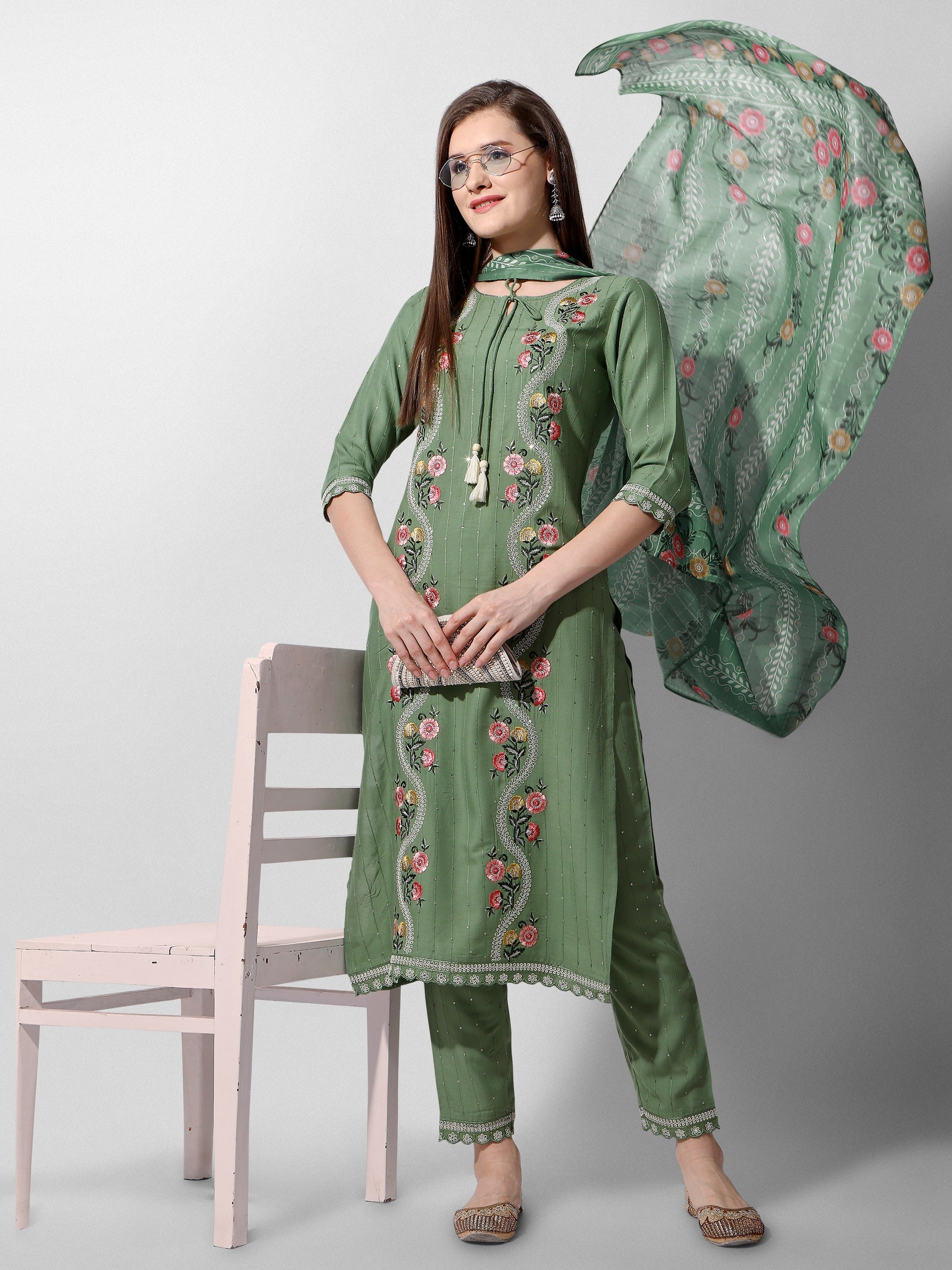 Embroidered Rayon Sequined Green Kurta With Pant & Dupatta Set Premium, Multicolor - Hiral Fashion