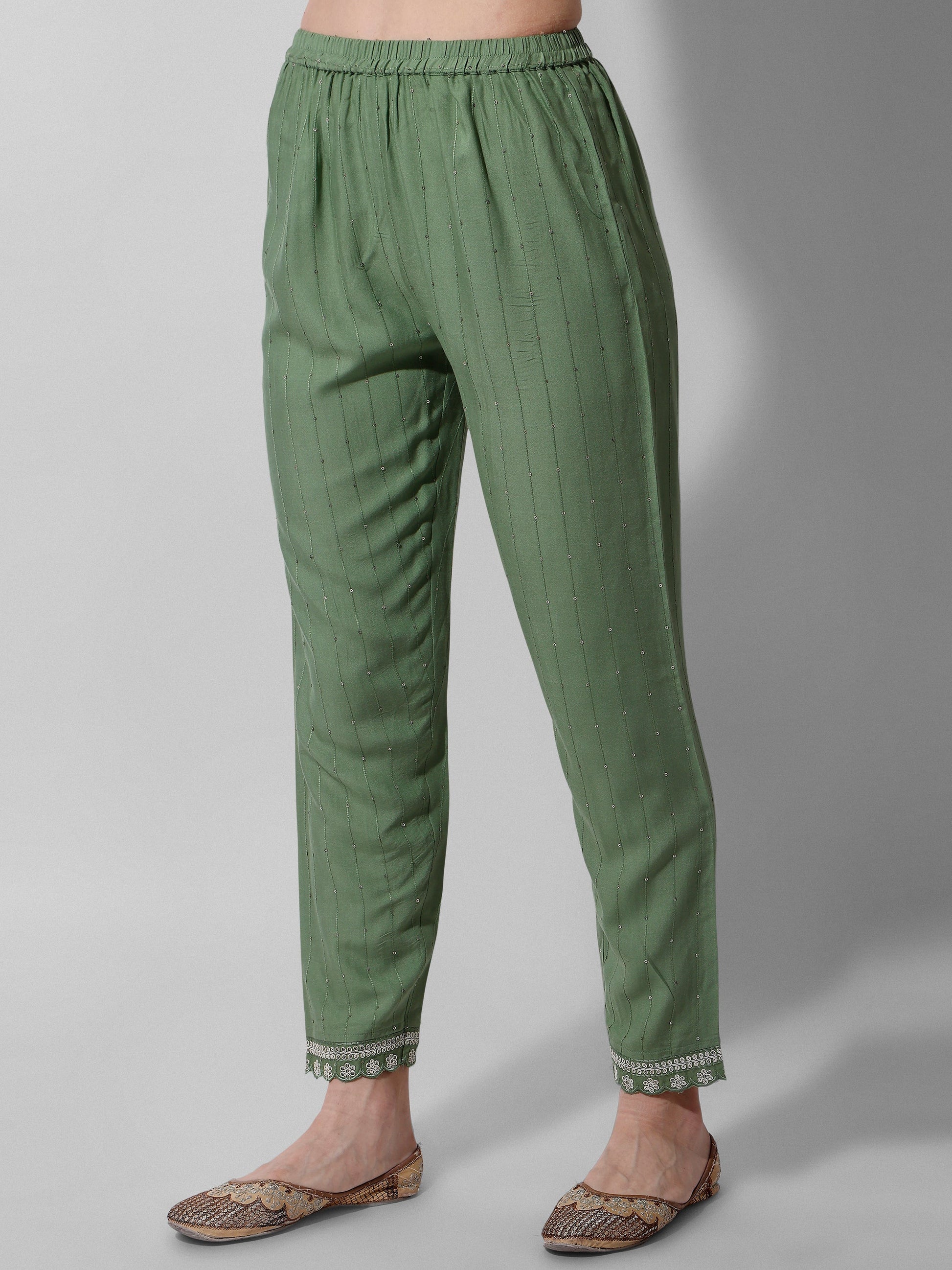 Embroidered Rayon Sequined Green Kurta With Pant & Dupatta Set Premium, Multicolor - Hiral Fashion