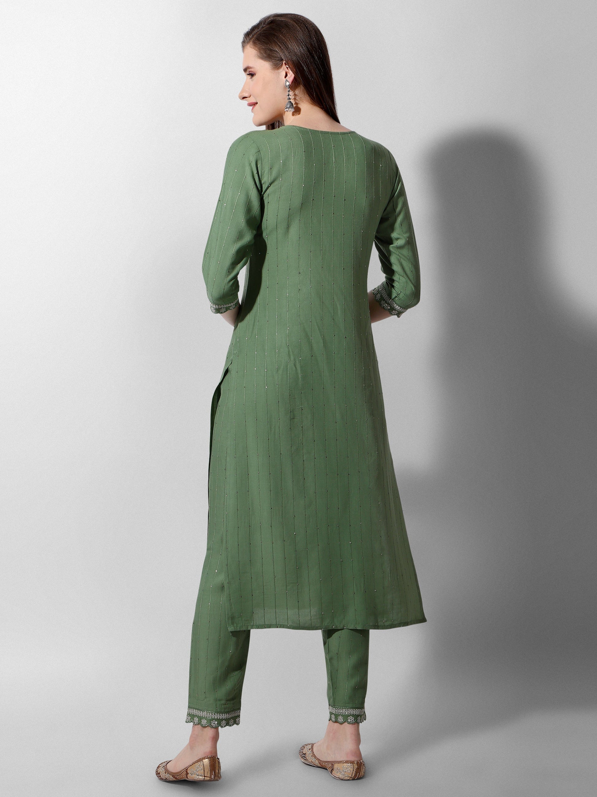 Embroidered Rayon Sequined Green Kurta With Pant & Dupatta Set Premium, Multicolor - Hiral Fashion