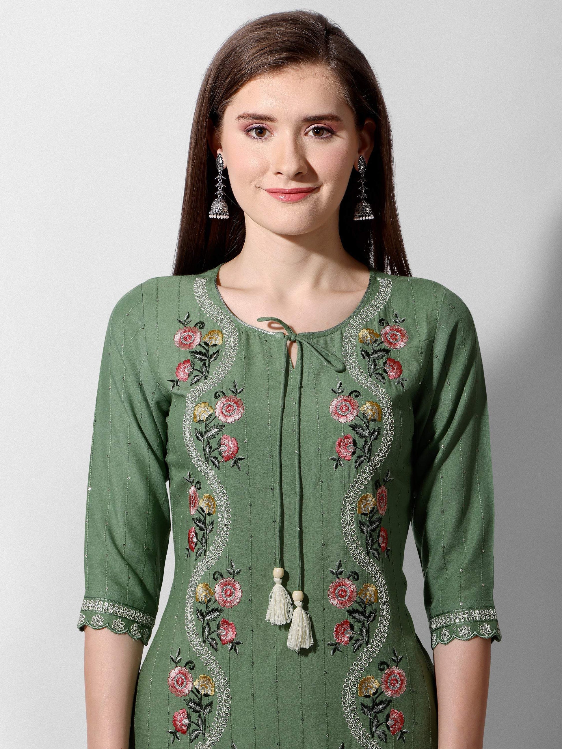 Embroidered Rayon Sequined Green Kurta With Pant & Dupatta Set Premium, Multicolor - Hiral Fashion