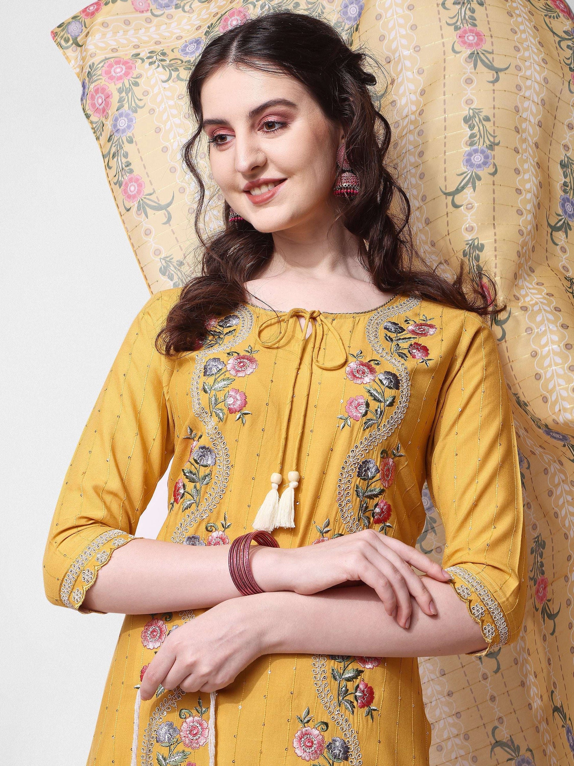 Embroidered Rayon Sequined Kurta With Pant & Dupatta Set Premium, Multicolor - Hiral Fashion