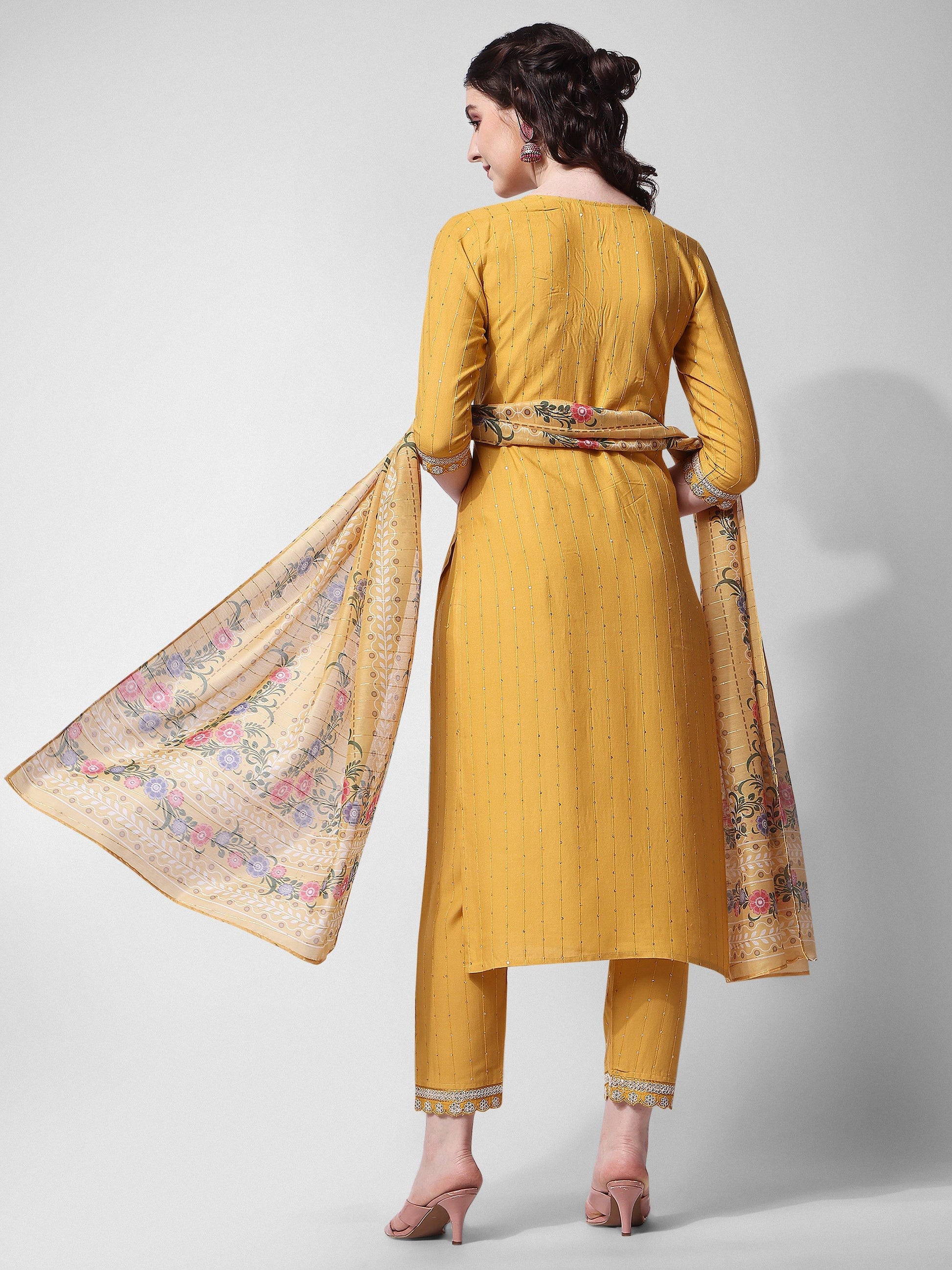 Embroidered Rayon Sequined Kurta With Pant & Dupatta Set Premium, Multicolor - Hiral Fashion