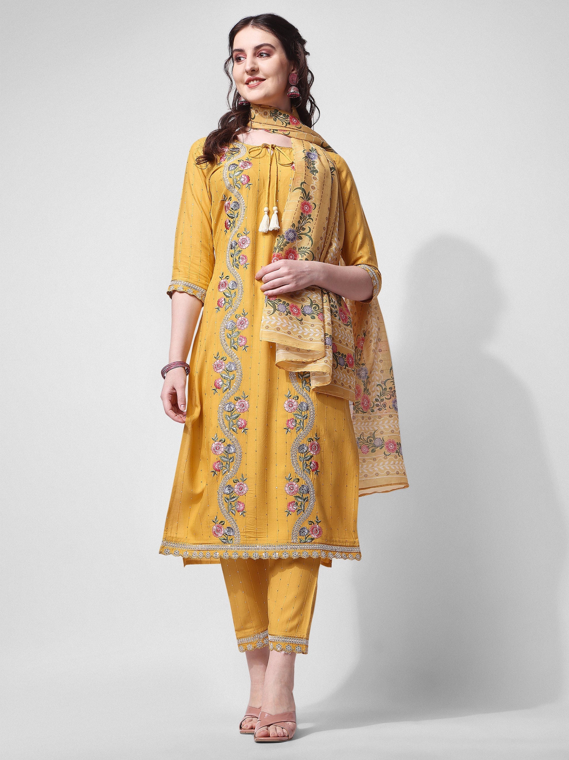 Embroidered Rayon Sequined Kurta With Pant & Dupatta Set Premium, Multicolor - Hiral Fashion