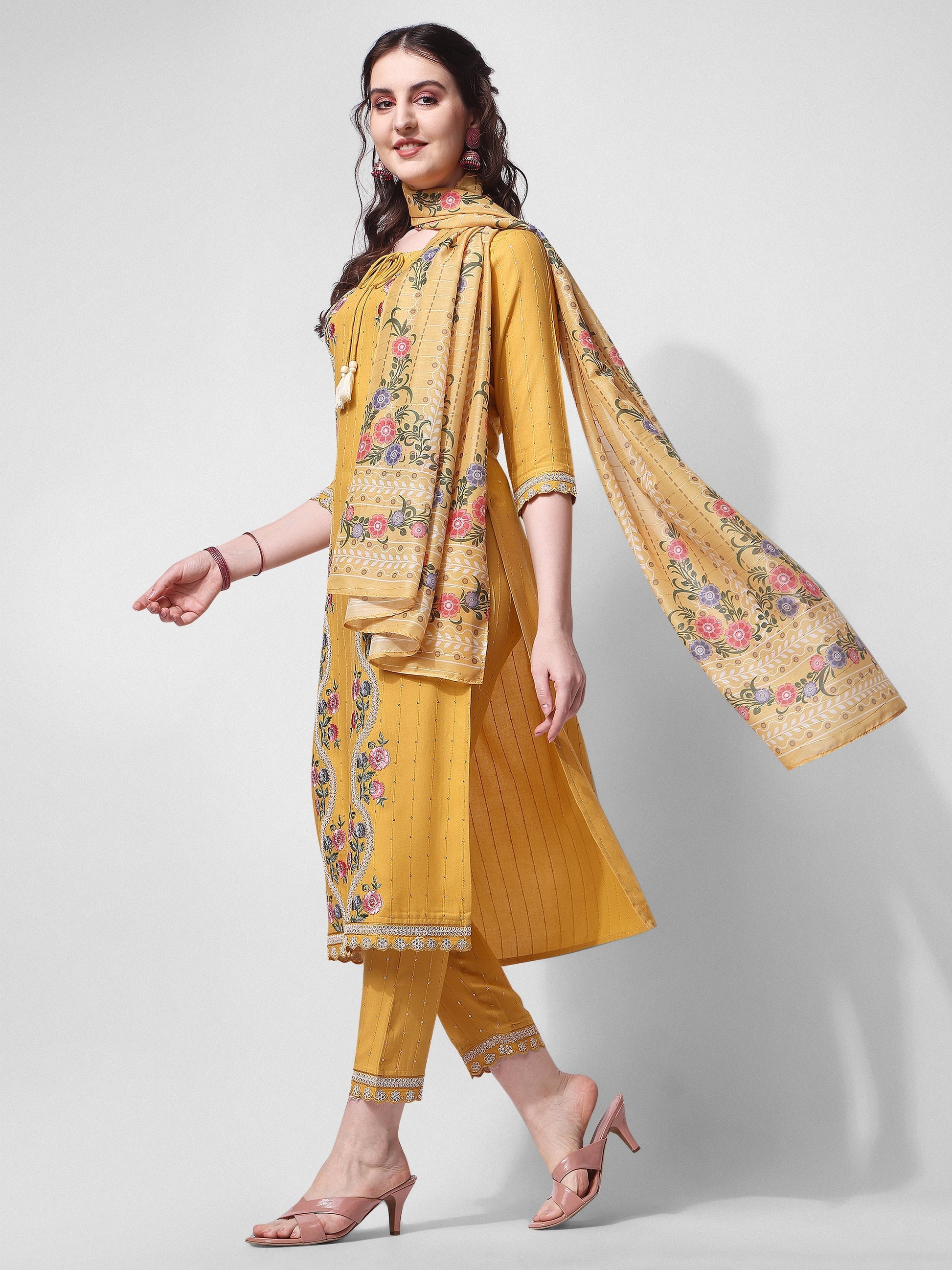 Embroidered Rayon Sequined Kurta With Pant & Dupatta Set Premium, Multicolor - Hiral Fashion