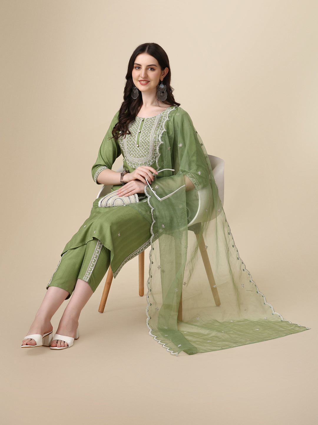Embroidered Kurta With Pant And Dupatta Set, Multicolor - Hiral Fashion