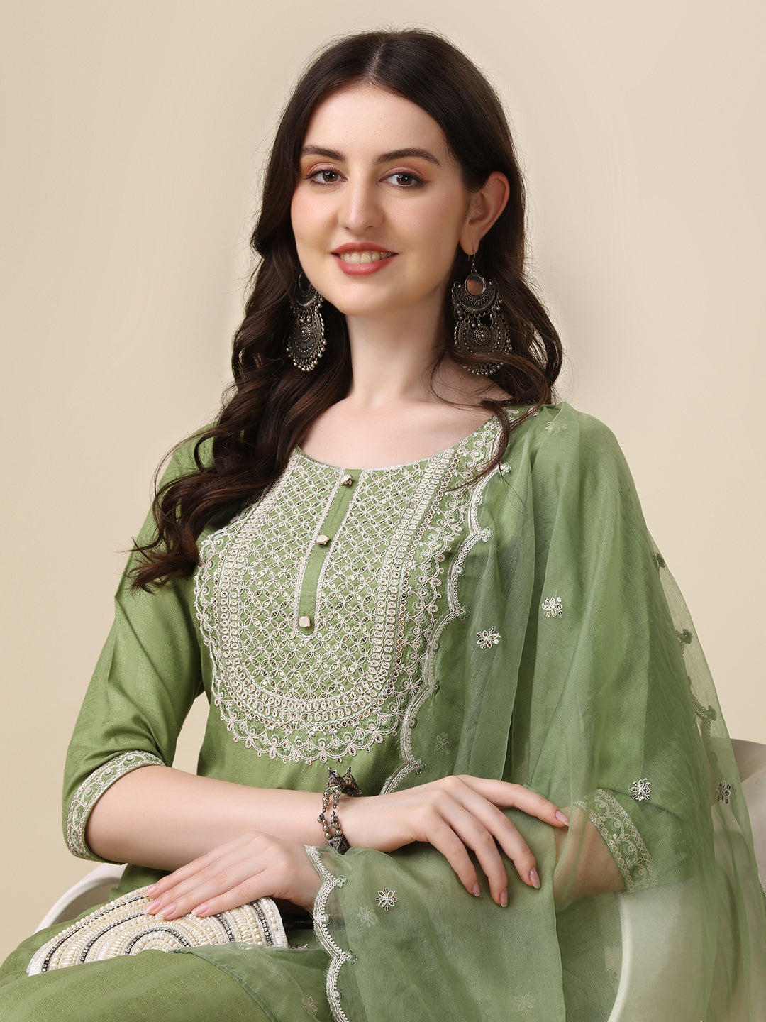 Embroidered Kurta With Pant And Dupatta Set, Multicolor - Hiral Fashion