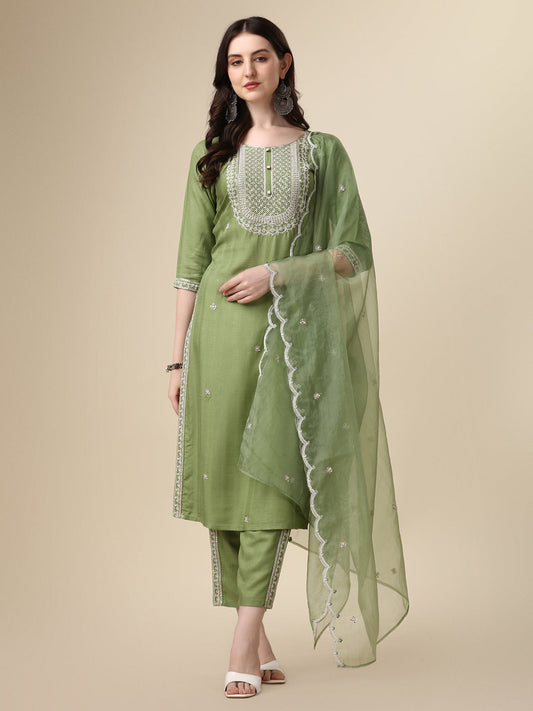 Embroidered Kurta With Pant And Dupatta Set, Multicolor - Hiral Fashion