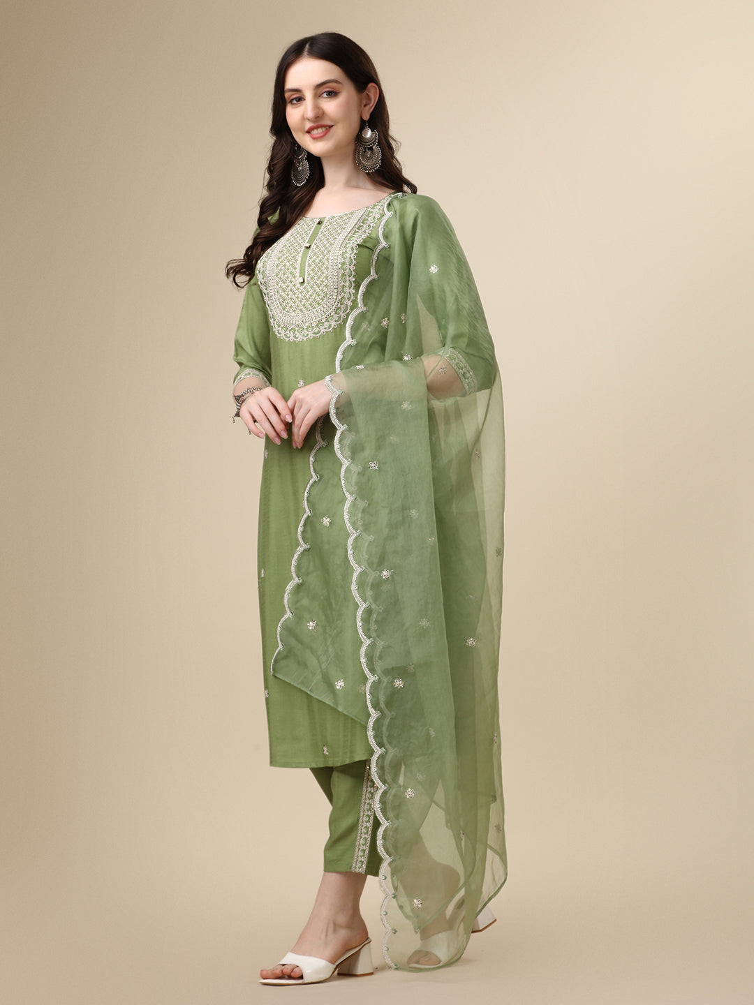 Embroidered Kurta With Pant And Dupatta Set, Multicolor - Hiral Fashion