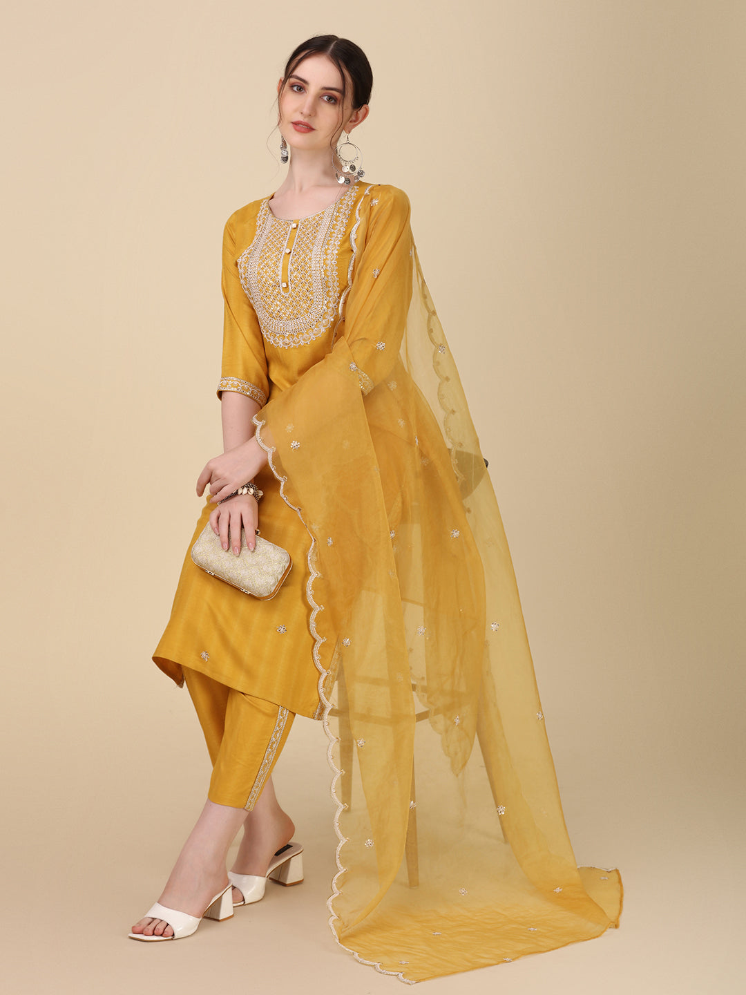 Embroidered Kurta With Pant And Dupatta Set Premium, Multicolor - Hiral Fashion