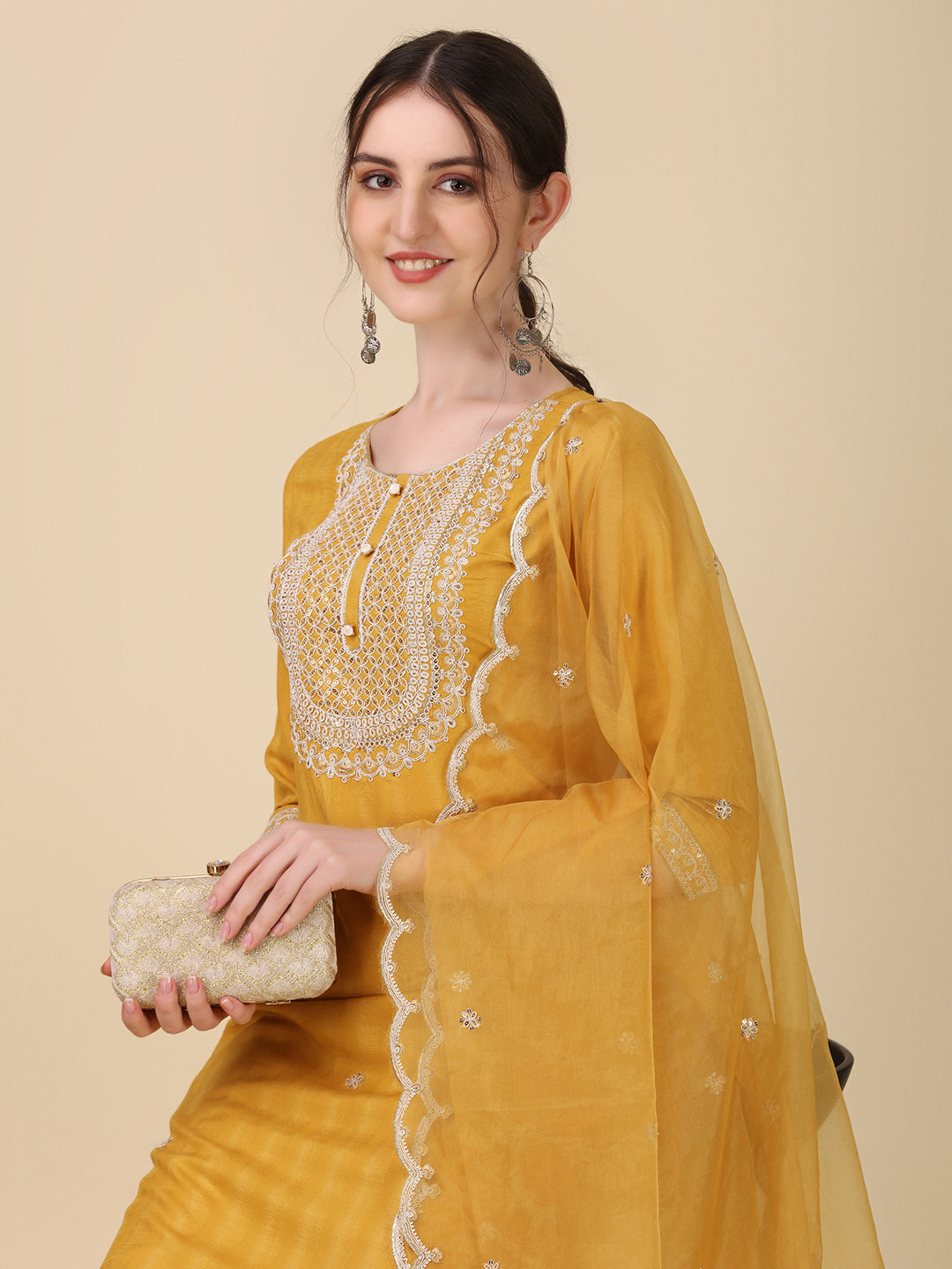 Embroidered Kurta With Pant And Dupatta Set Premium, Multicolor - Hiral Fashion