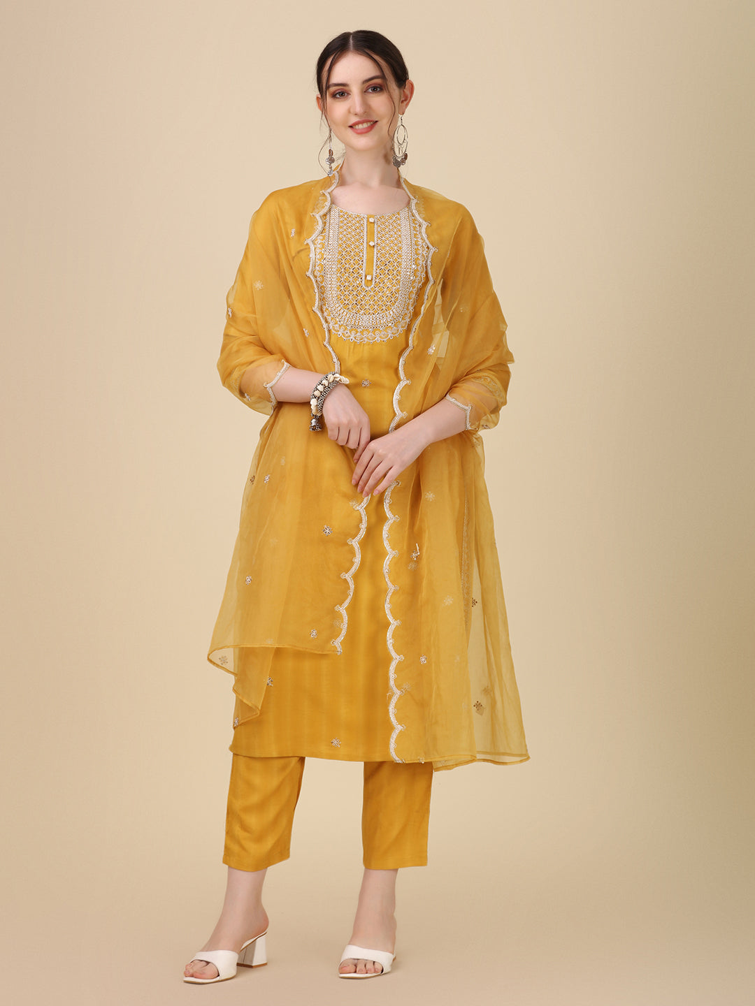 Embroidered Kurta With Pant And Dupatta Set Premium, Multicolor - Hiral Fashion
