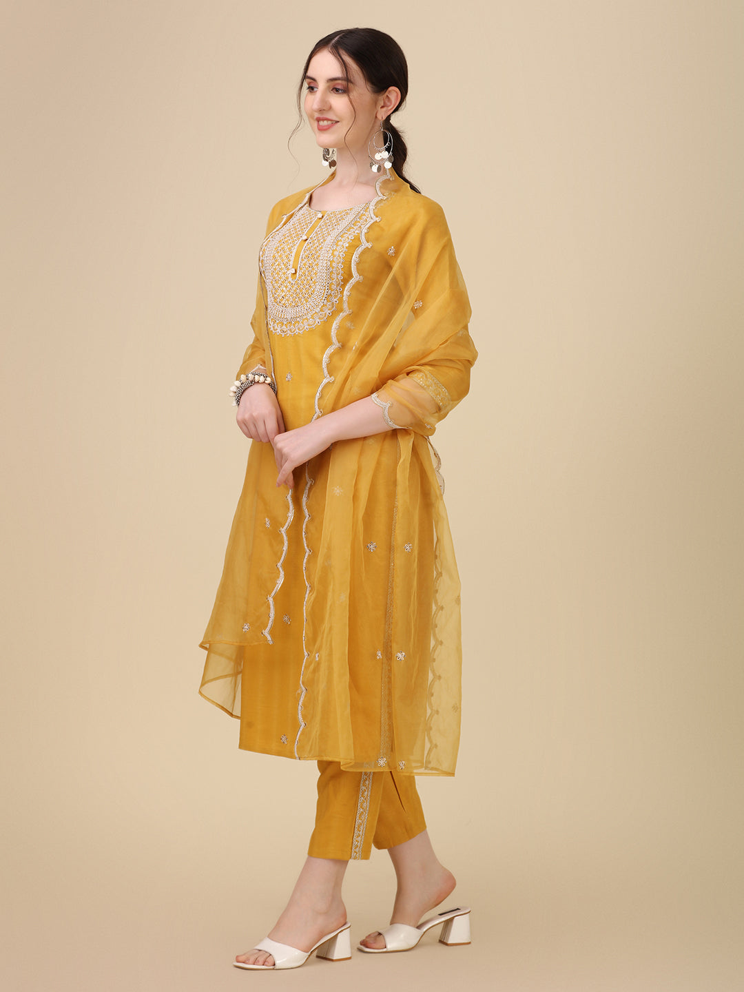 Embroidered Kurta With Pant And Dupatta Set Premium, Multicolor - Hiral Fashion