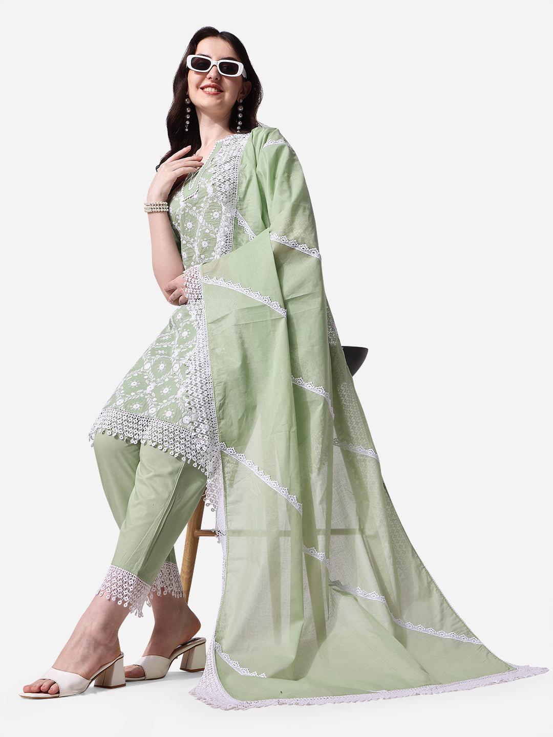 Lucknawi Embroidered Kurta With Pant & Dupatta Set, Multicolor - Hiral Fashion