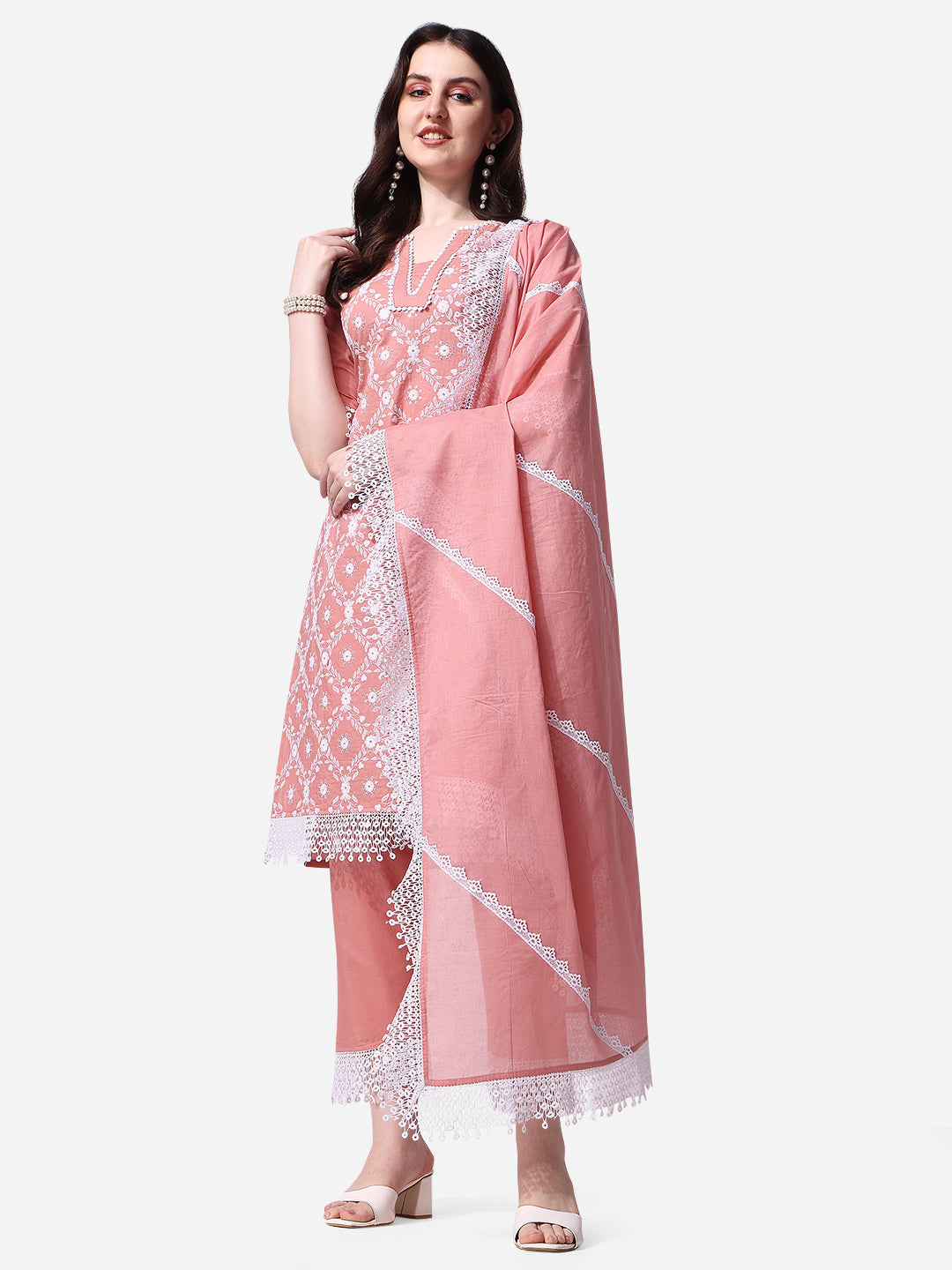Lucknawi Embroidered Kurta With Pant & Dupatta Set, Multicolor - Hiral Fashion
