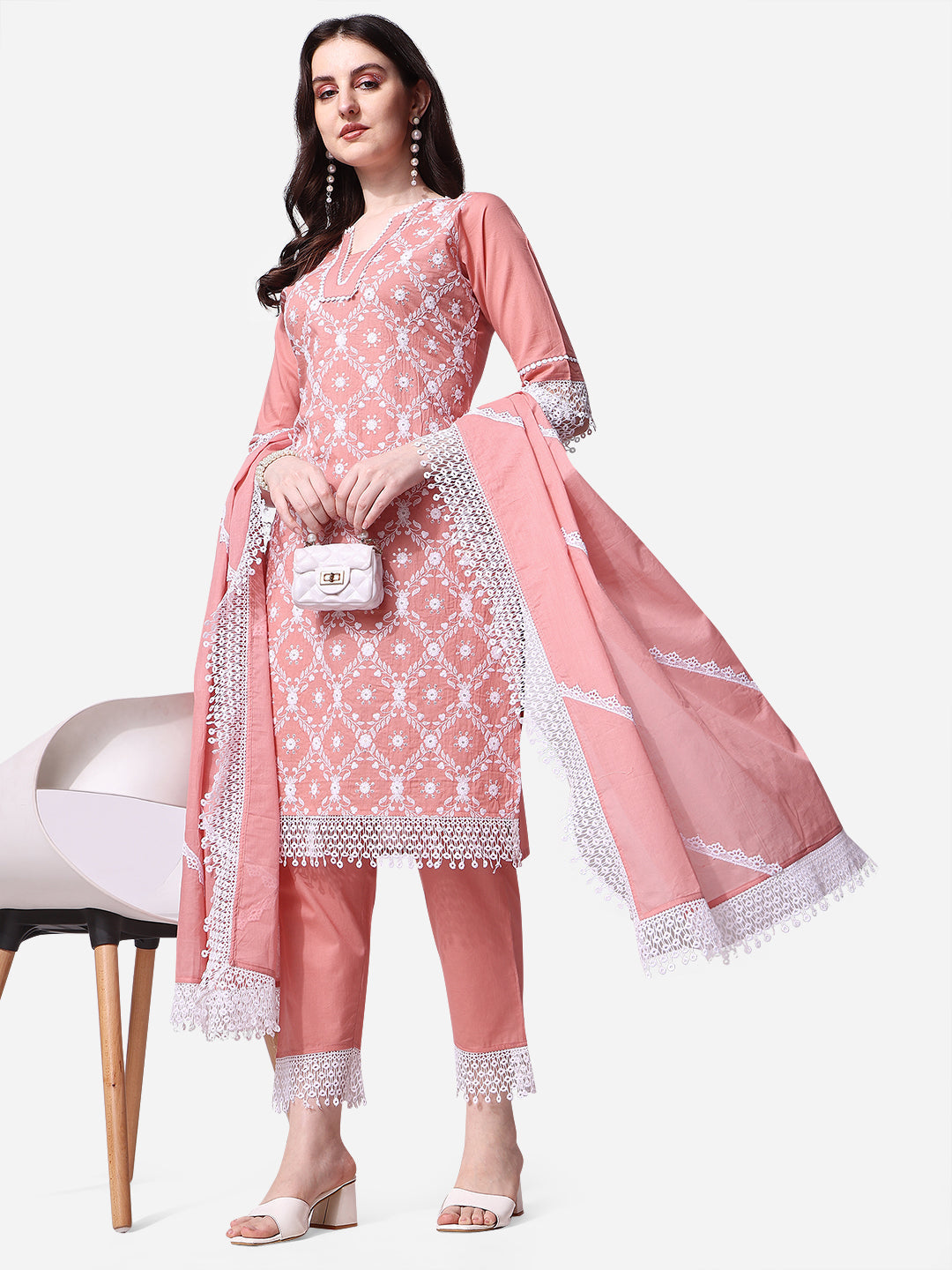 Lucknawi Embroidered Kurta With Pant & Dupatta Set, Multicolor - Hiral Fashion