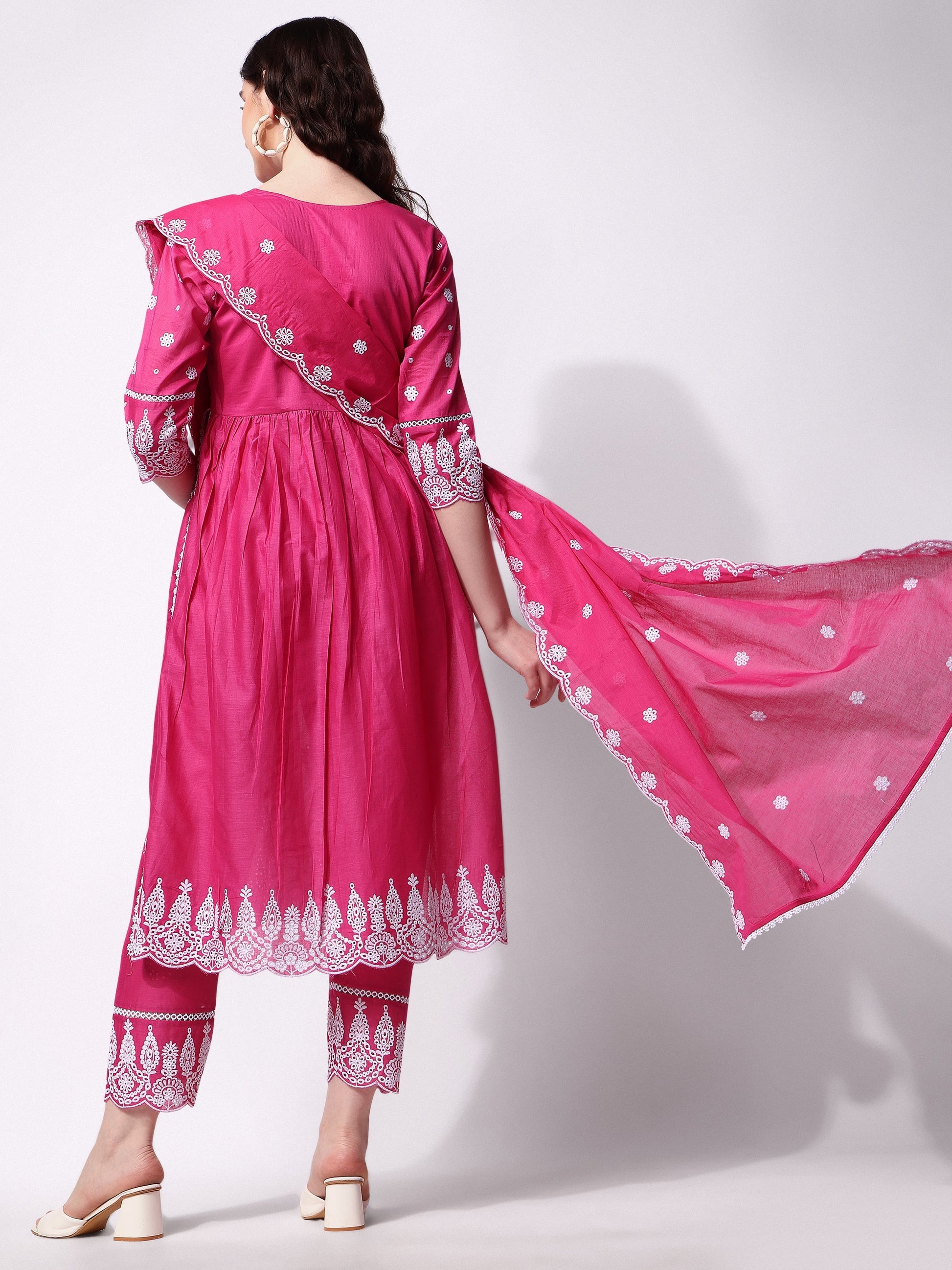 Nayra Cut Chikankari Embroidered Kurta With Pant And Dupatta Set, Multicolor - Hiral Fashion