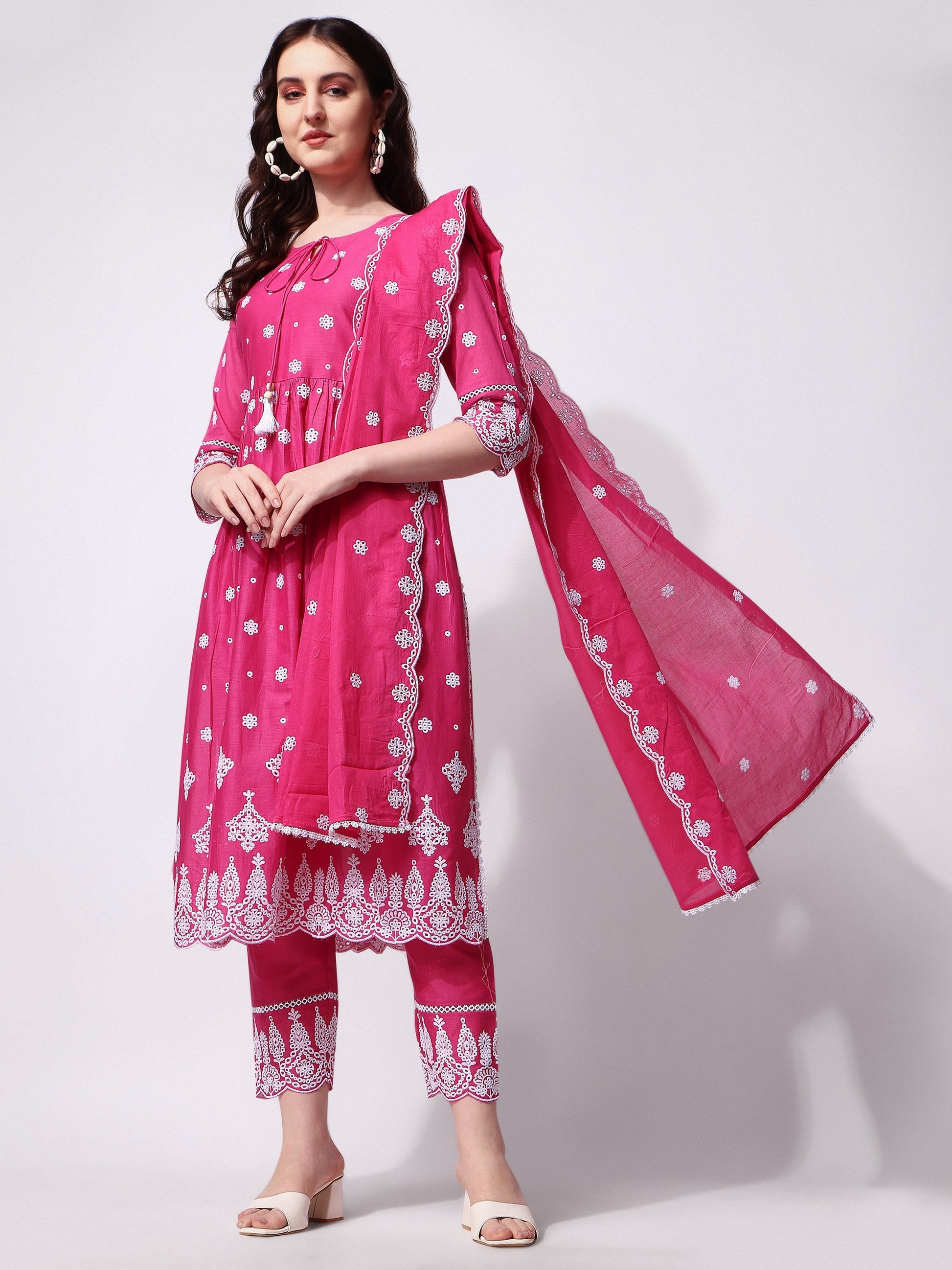 Nayra Cut Chikankari Embroidered Kurta With Pant And Dupatta Set, Multicolor - Hiral Fashion