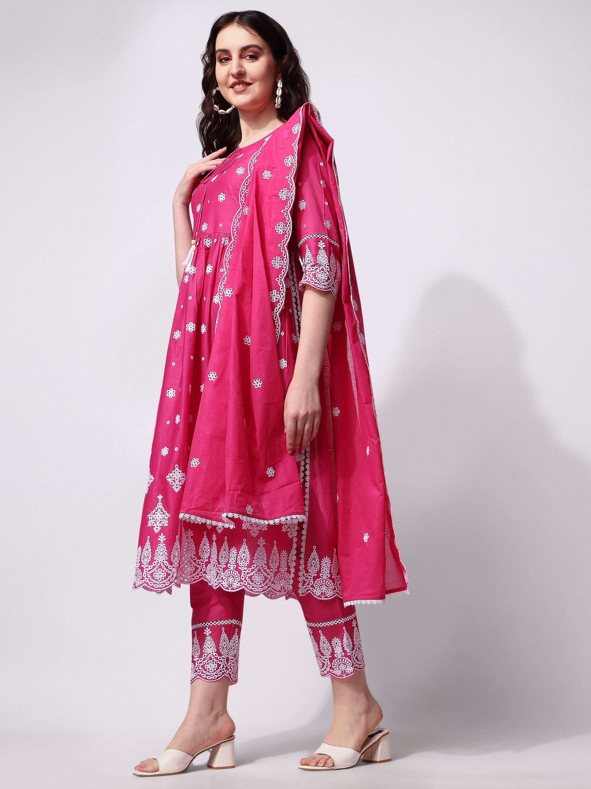 Nayra Cut Chikankari Embroidered Kurta With Pant And Dupatta Set, Multicolor - Hiral Fashion