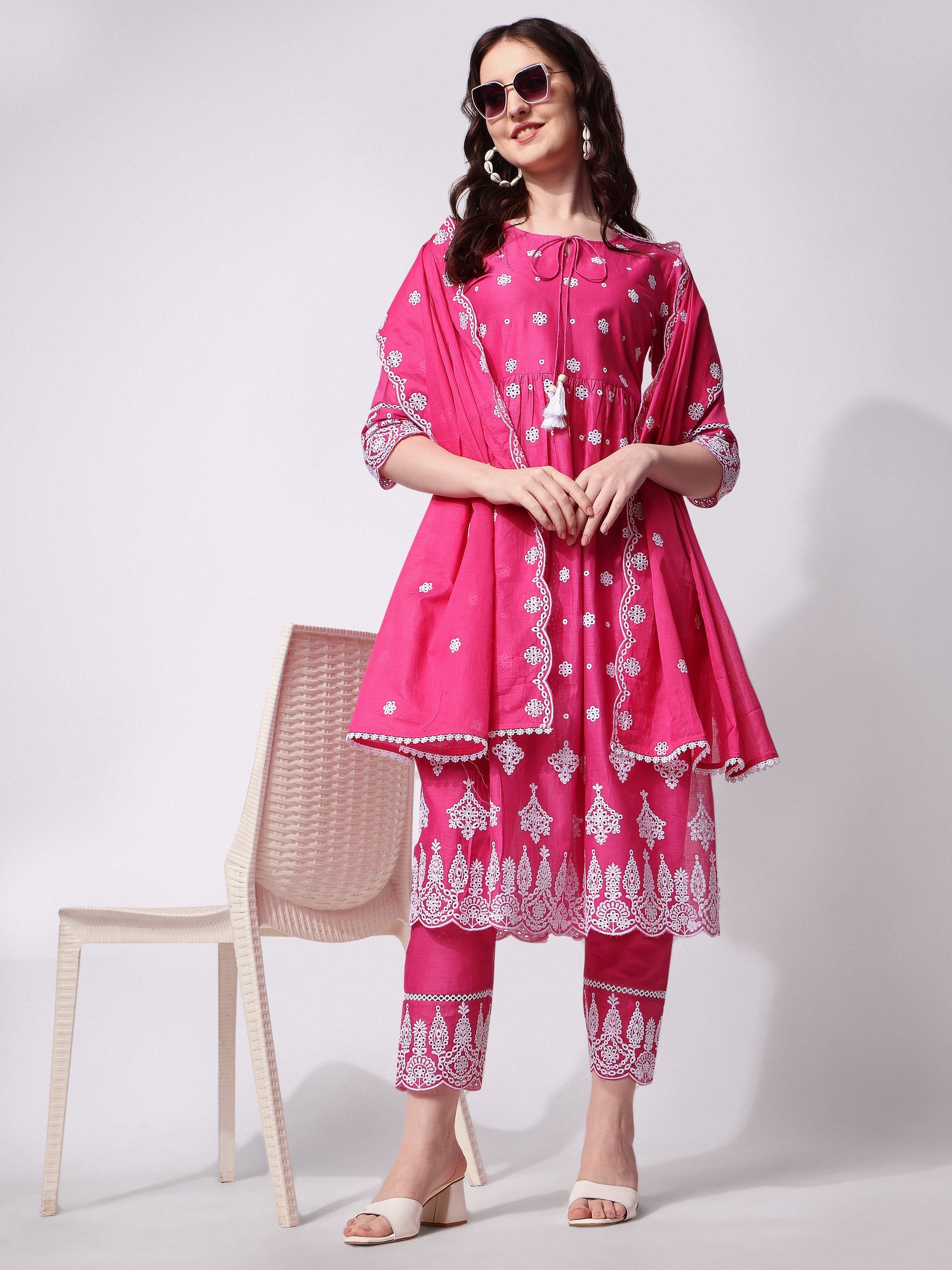 Nayra Cut Chikankari Embroidered Kurta With Pant And Dupatta Set, Multicolor - Hiral Fashion