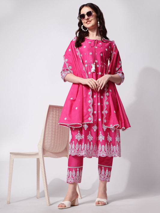 Nayra Cut Chikankari Embroidered Kurta With Pant And Dupatta Set, Multicolor - Hiral Fashion