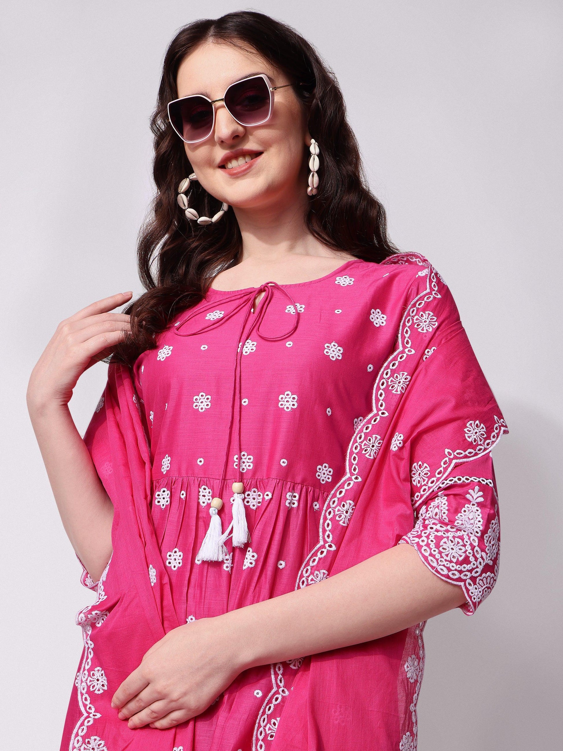Nayra Cut Chikankari Embroidered Kurta With Pant And Dupatta Set, Multicolor - Hiral Fashion