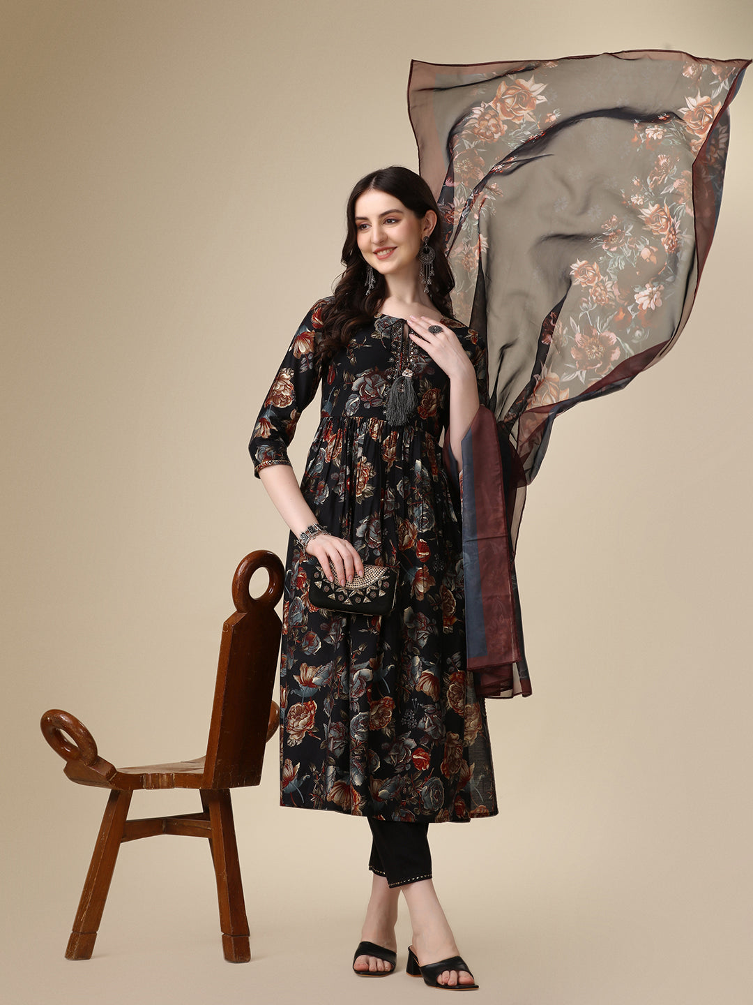 Nayra Cut Printed Kurta With Pant And Dupatta Set, Multicolor - Hiral Fashion