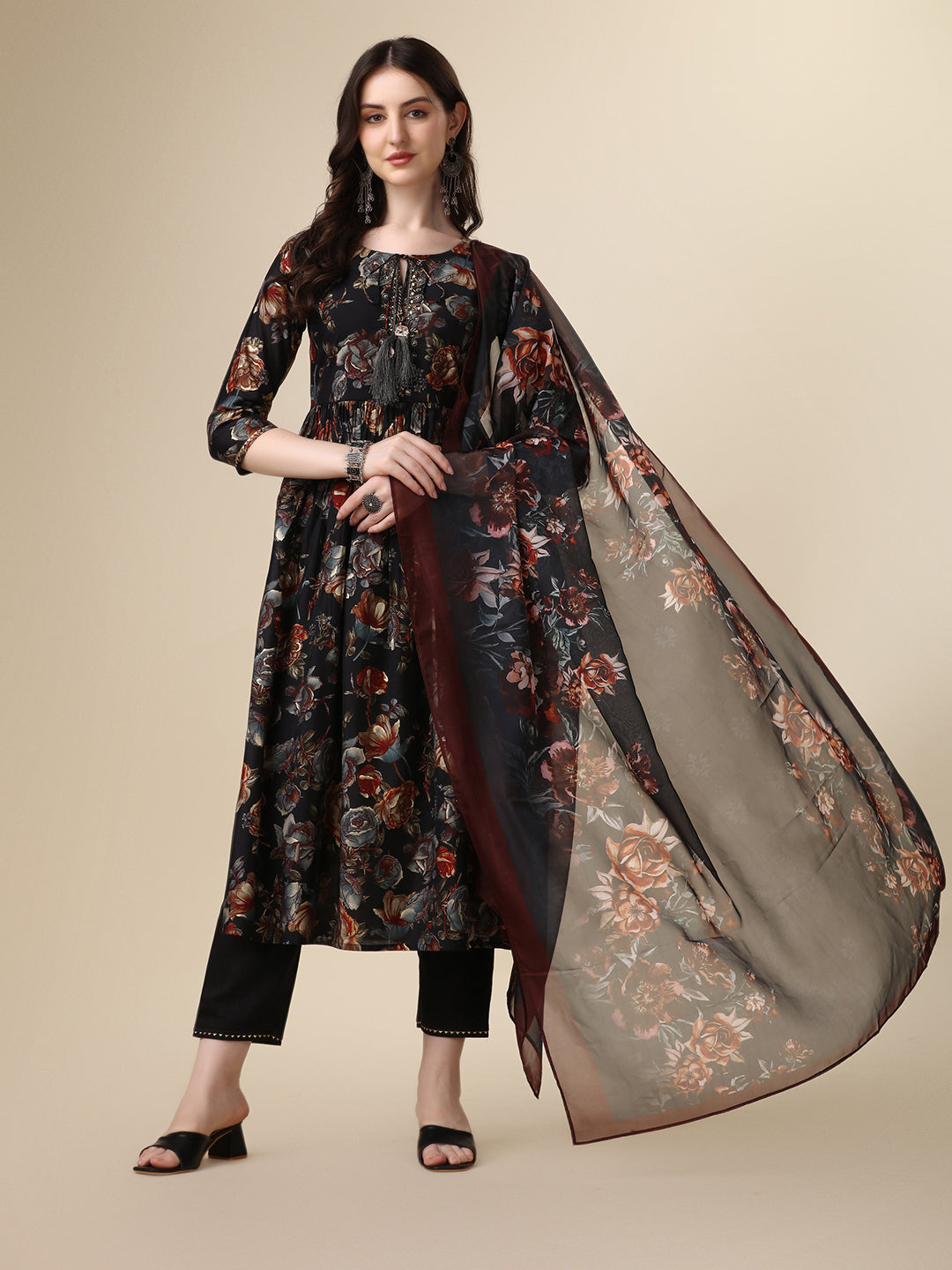 Nayra Cut Printed Kurta With Pant And Dupatta Set, Multicolor - Hiral Fashion