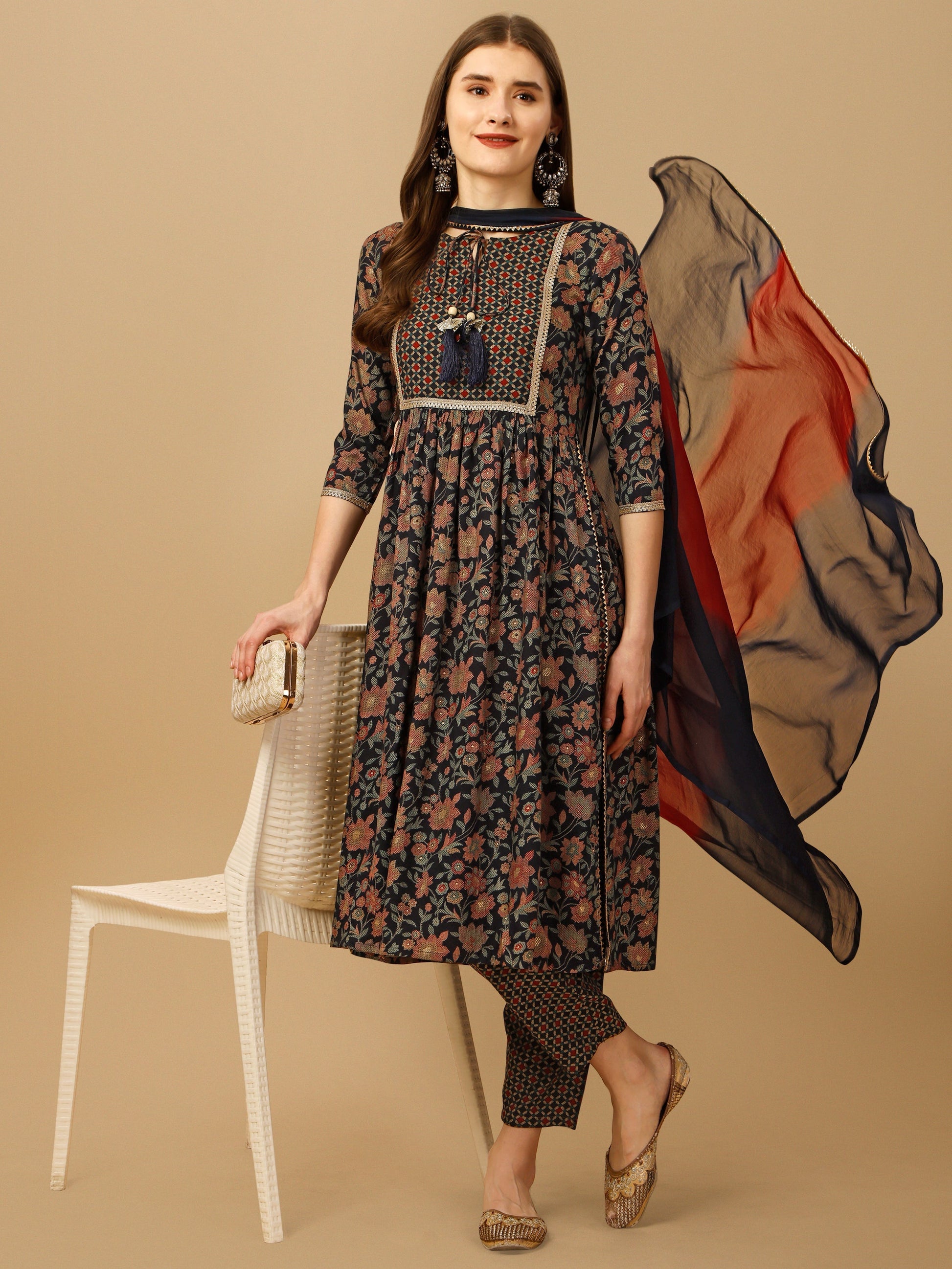 Nayra Cut Embroidered Kurta With Pant And Dupatta Set, Multicolor - Hiral Fashion