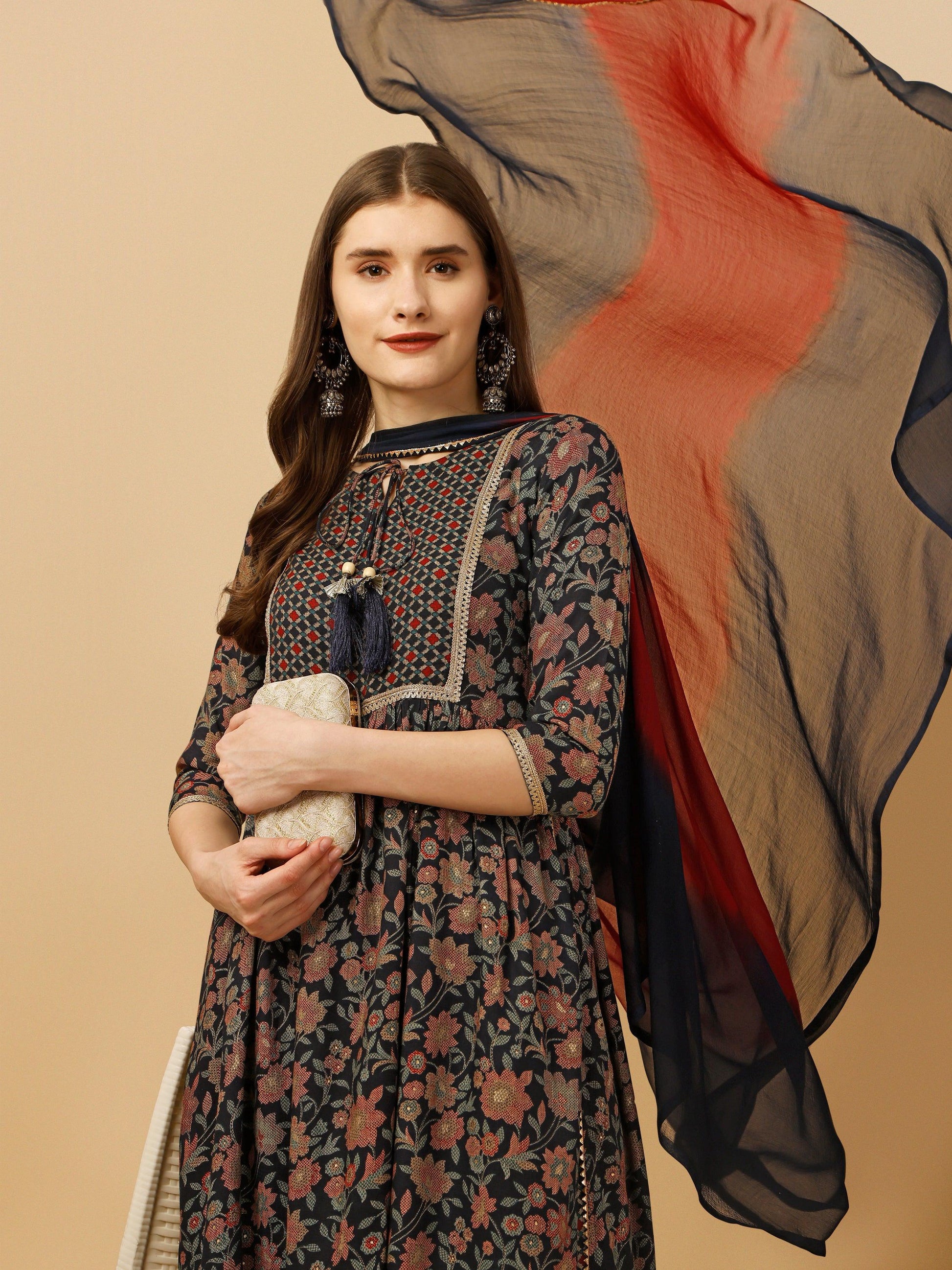 Nayra Cut Embroidered Kurta With Pant And Dupatta Set, Multicolor - Hiral Fashion