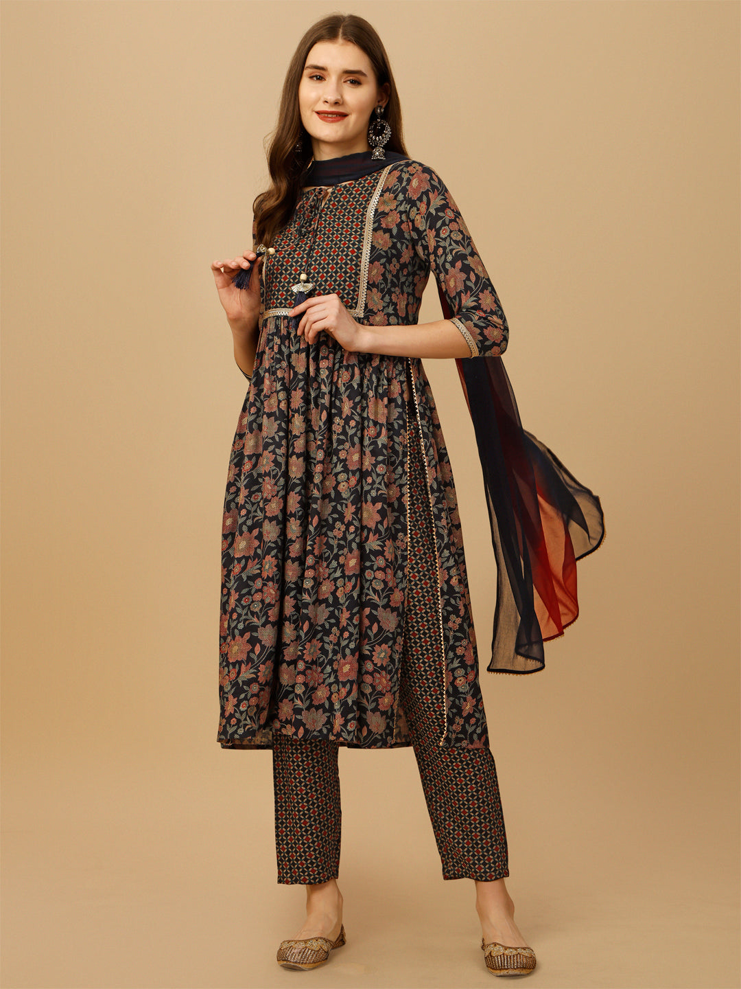 Nayra Cut Embroidered Kurta With Pant And Dupatta Set, Multicolor - Hiral Fashion