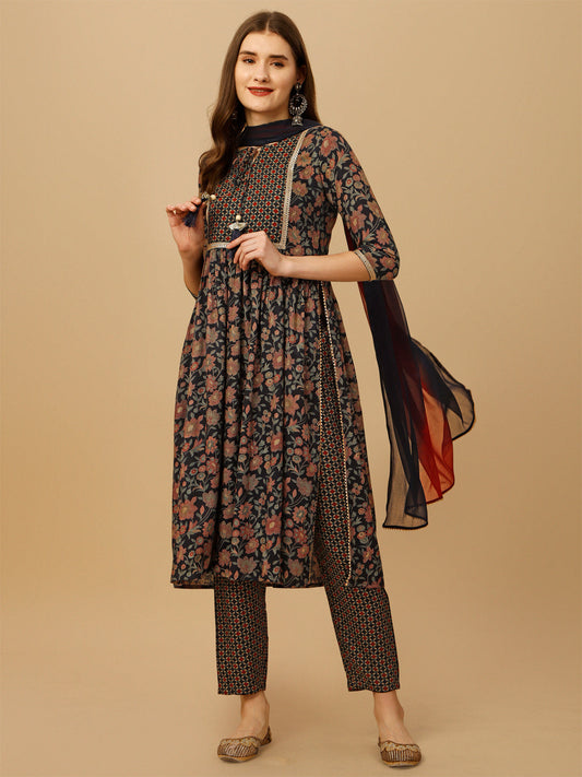 Nayra Cut Embroidered Kurta With Pant And Dupatta Set, Multicolor - Hiral Fashion