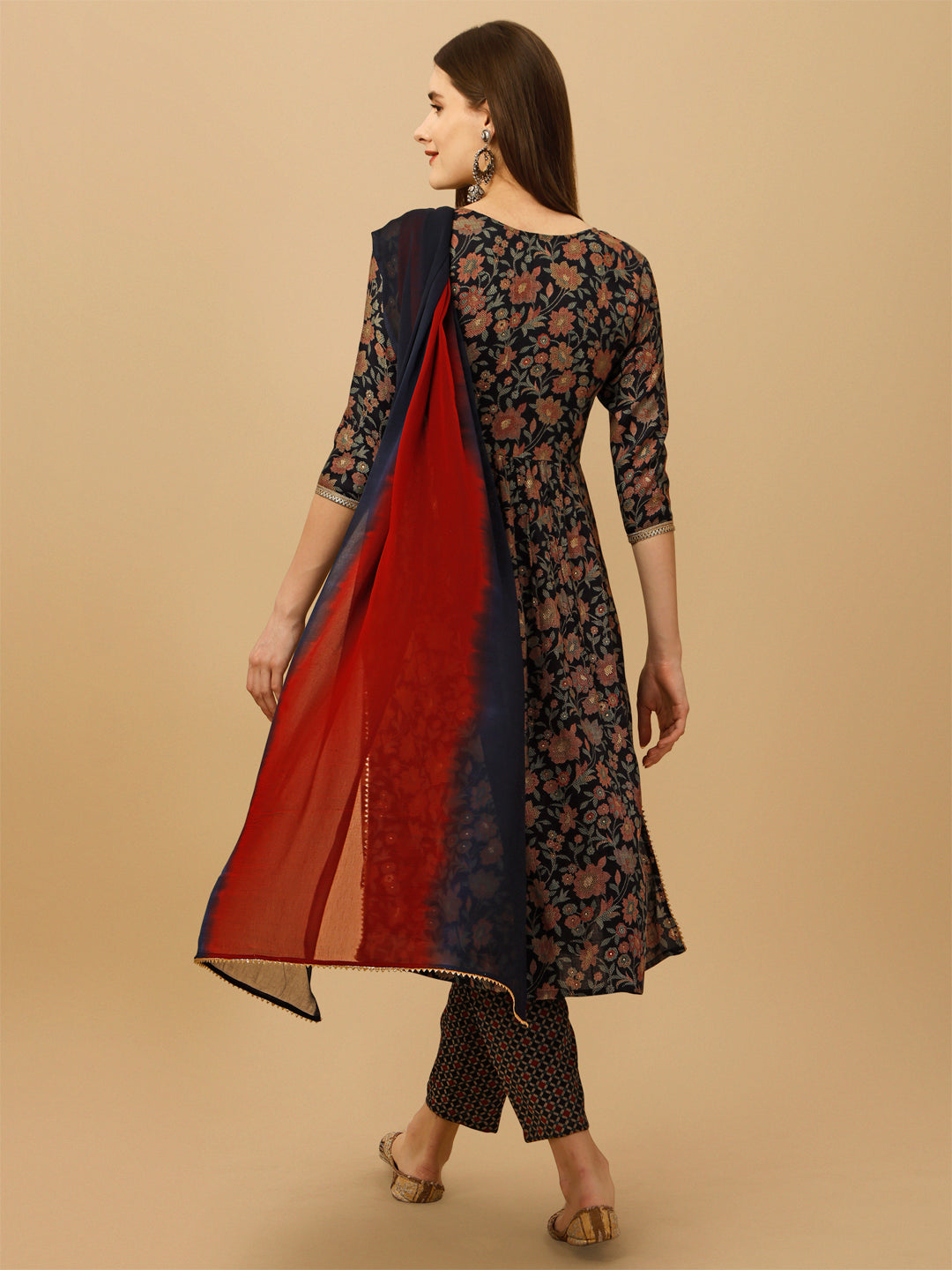 Nayra Cut Embroidered Kurta With Pant And Dupatta Set, Multicolor - Hiral Fashion