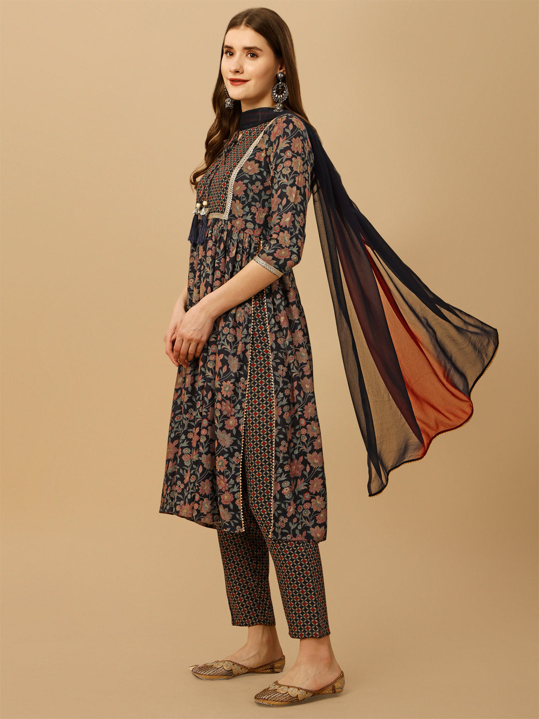 Nayra Cut Embroidered Kurta With Pant And Dupatta Set, Multicolor - Hiral Fashion