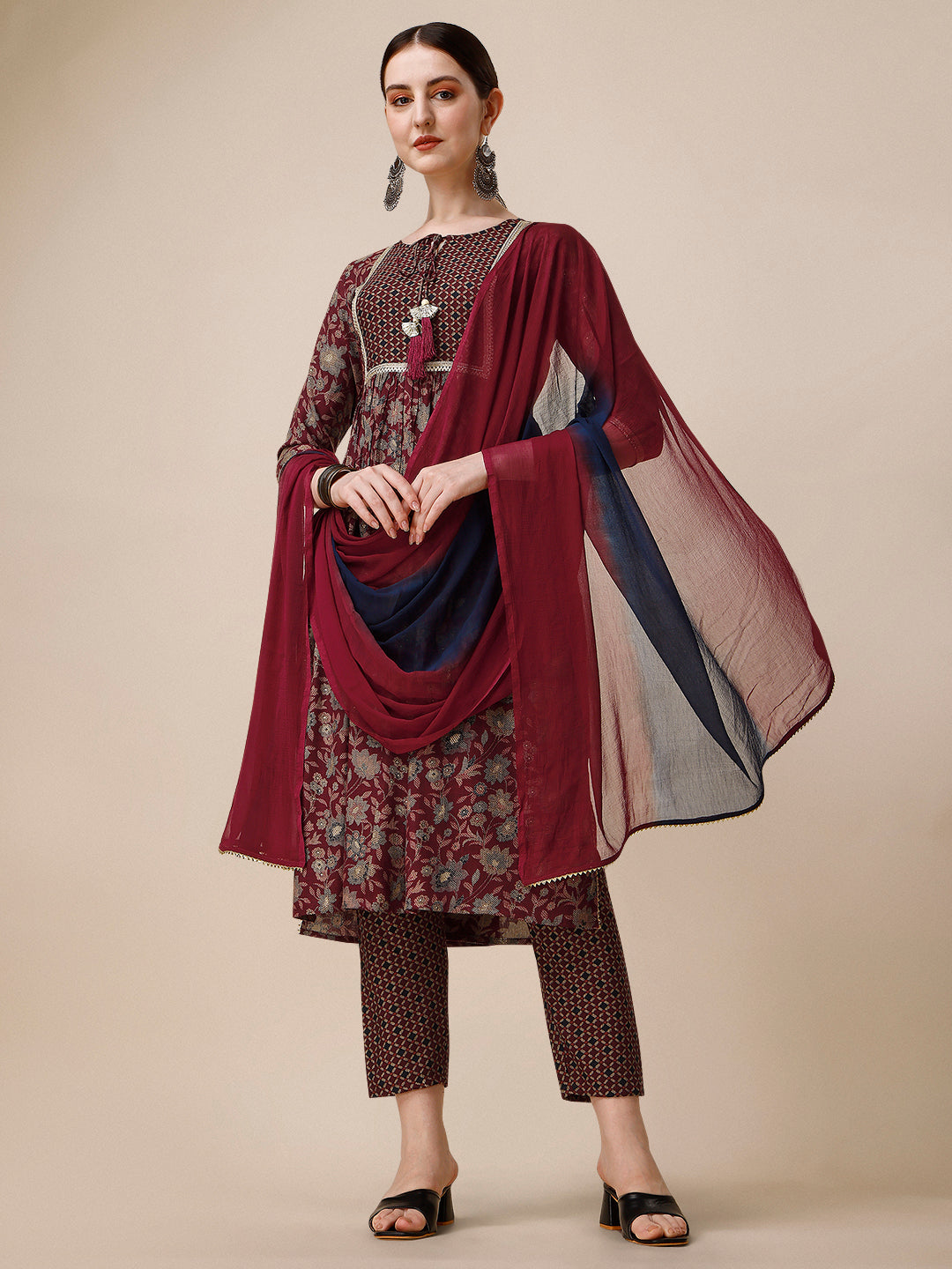 Embroidered Kurta With Pant And Dupatta Set, Multicolor - Hiral Fashion