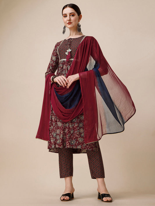 Embroidered Kurta With Pant And Dupatta Set, Multicolor - Hiral Fashion