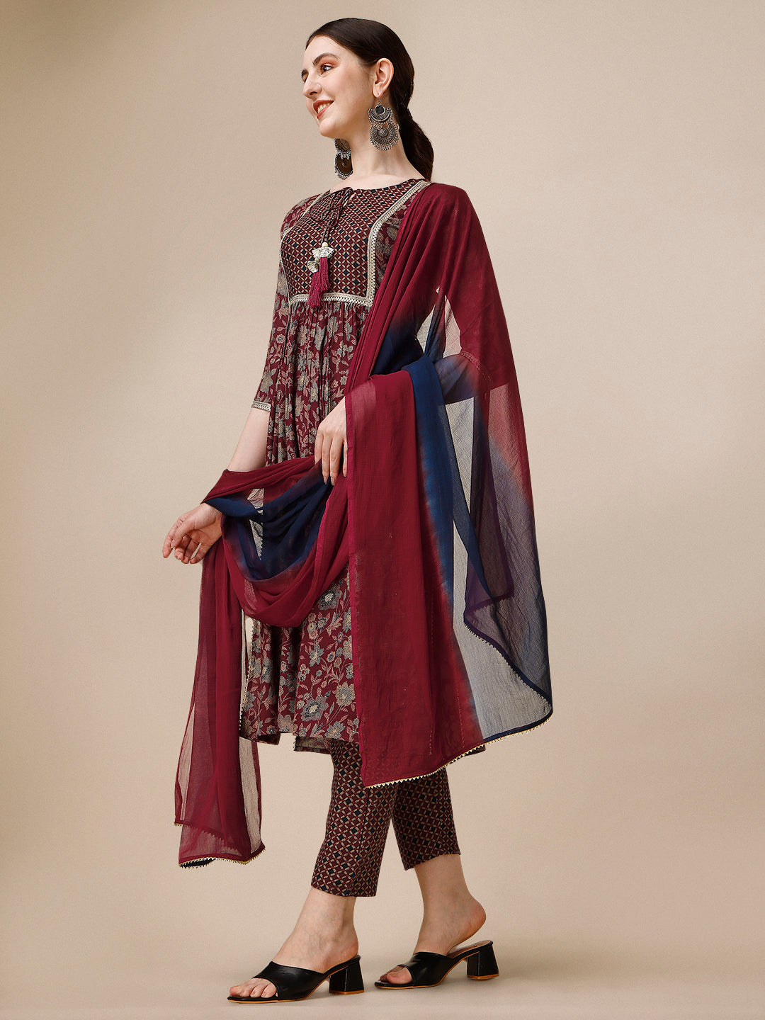 Embroidered Kurta With Pant And Dupatta Set, Multicolor - Hiral Fashion