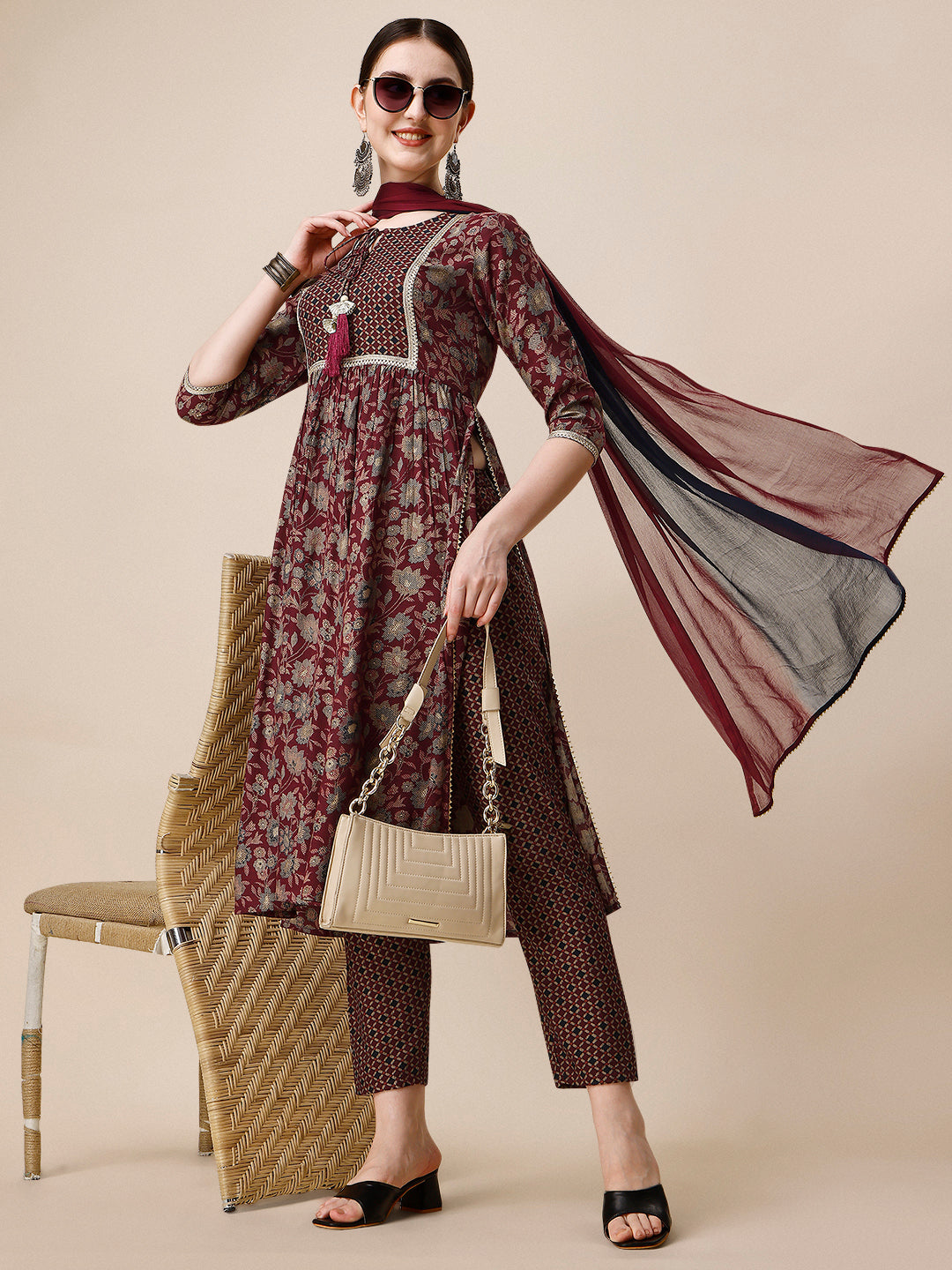 Embroidered Kurta With Pant And Dupatta Set, Multicolor - Hiral Fashion