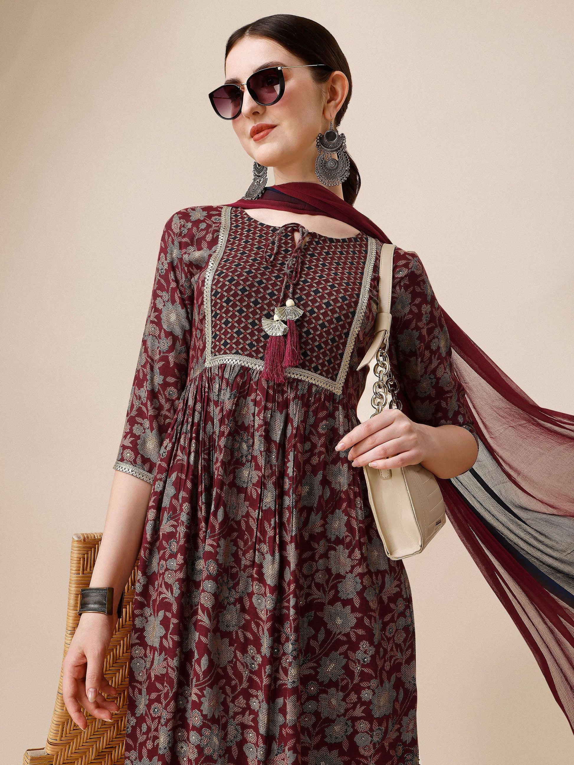 Embroidered Kurta With Pant And Dupatta Set, Multicolor - Hiral Fashion