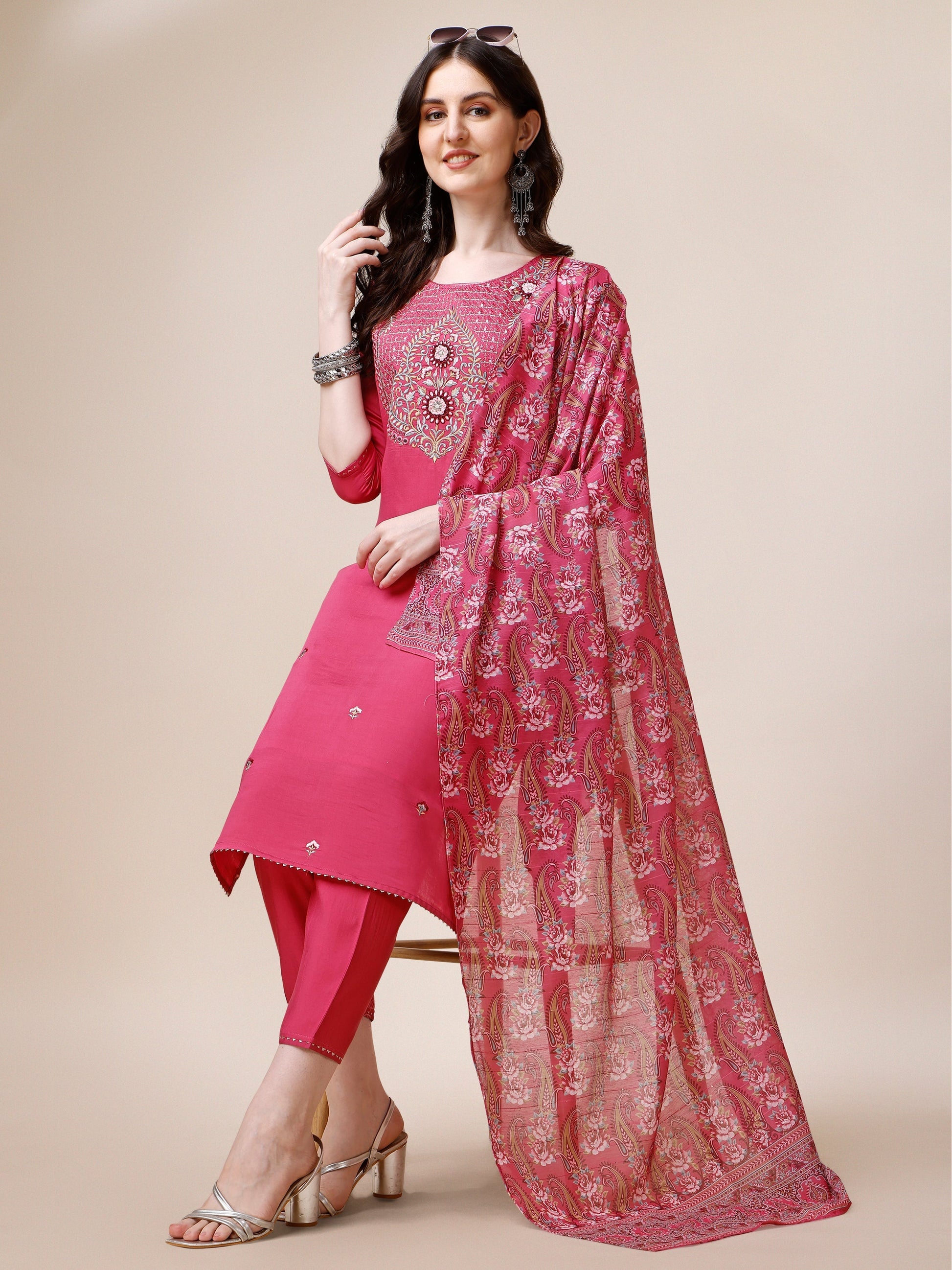 Embroidered Kurta With Pant And Dupatta Set, Multicolor - Hiral Fashion